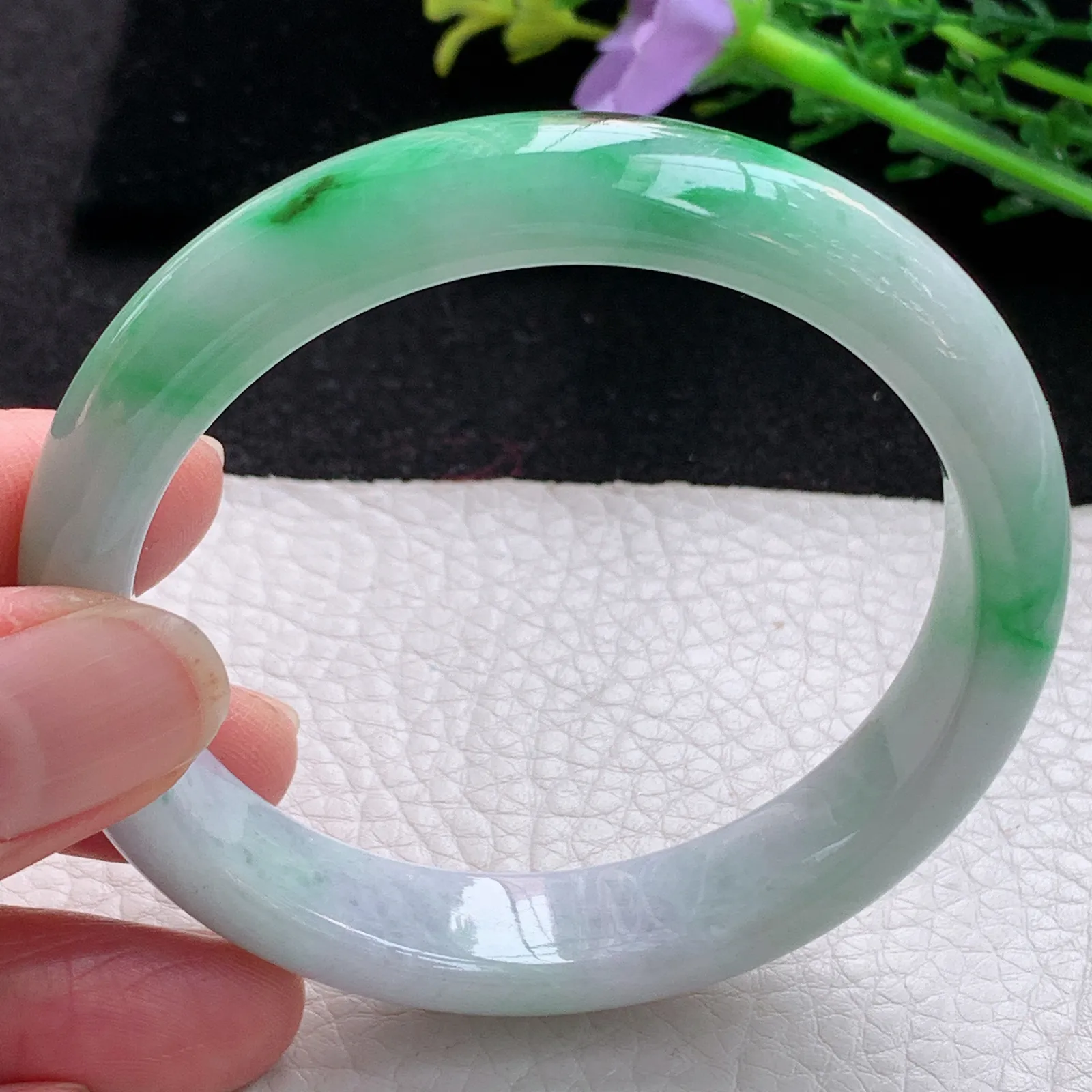 xx自然光57*12.5*7.6平安镯 缅甸翡翠a货玉手镯辣绿宽边玉手环