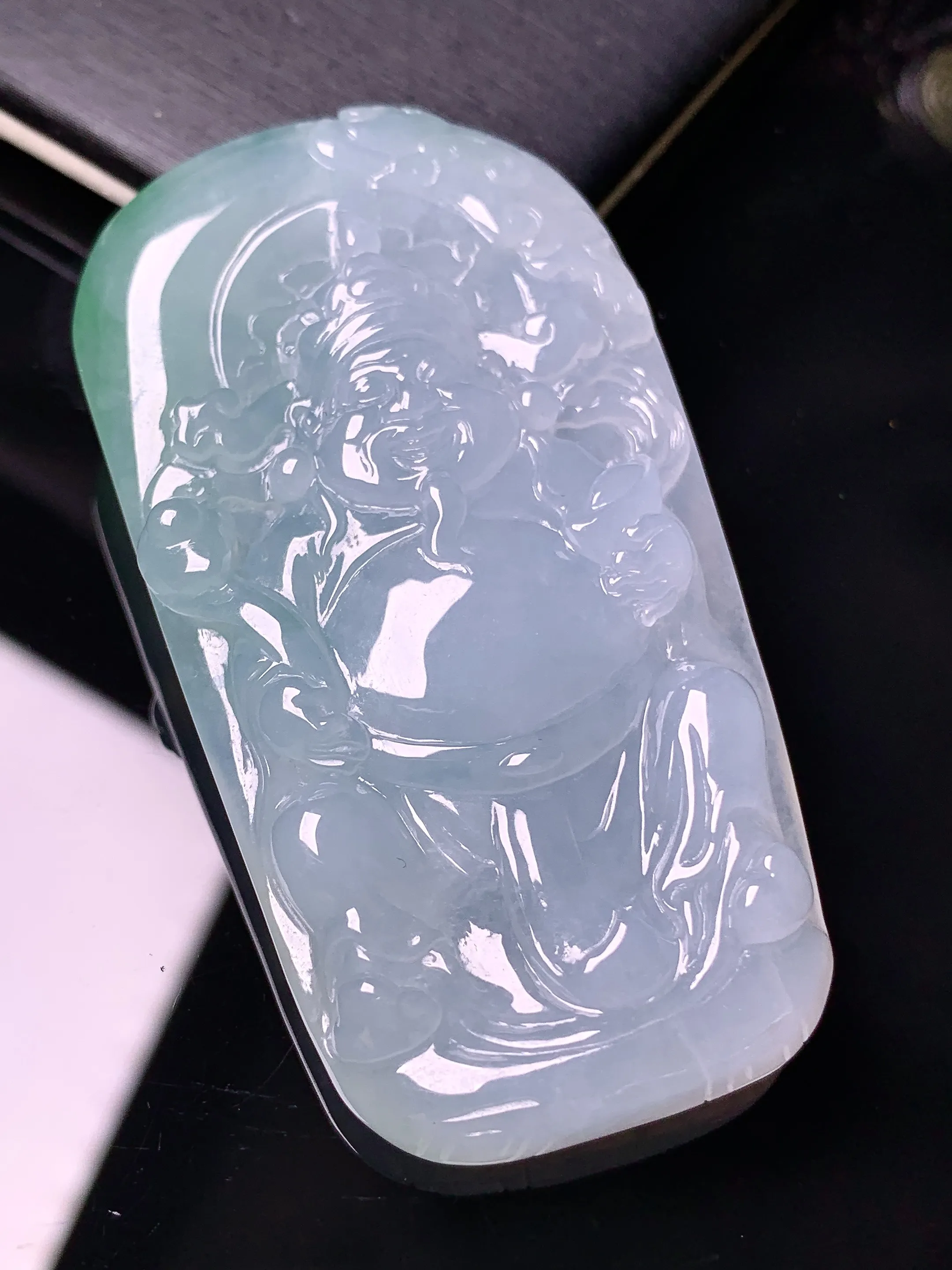 冰种财神吊坠 玉质细腻 色泽清新艳丽  整体尺寸60*32.3*8