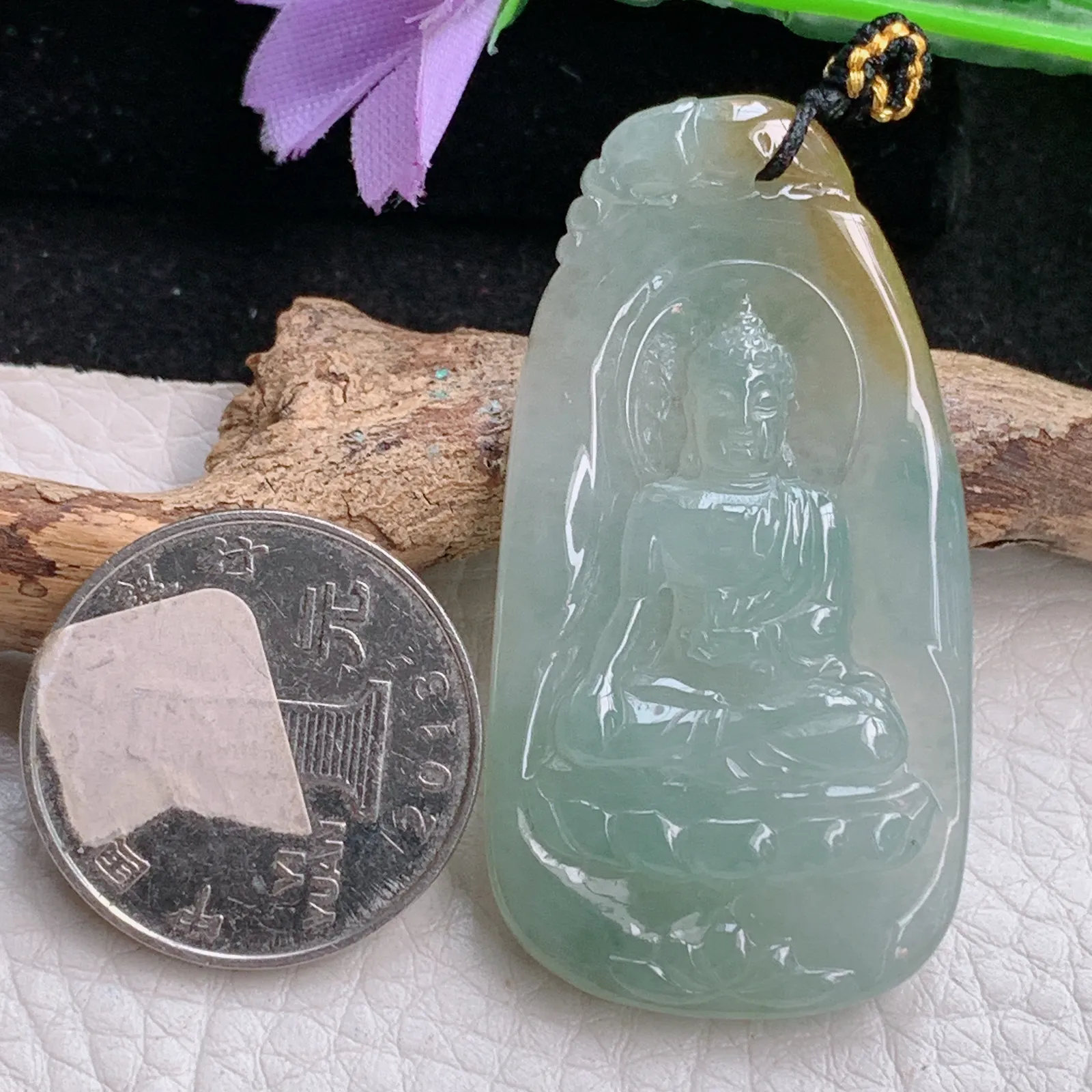 kh自然光50.5*26.3*5.2天然缅甸翡翠冰双彩阿弥陀佛玉吊坠 玉挂件