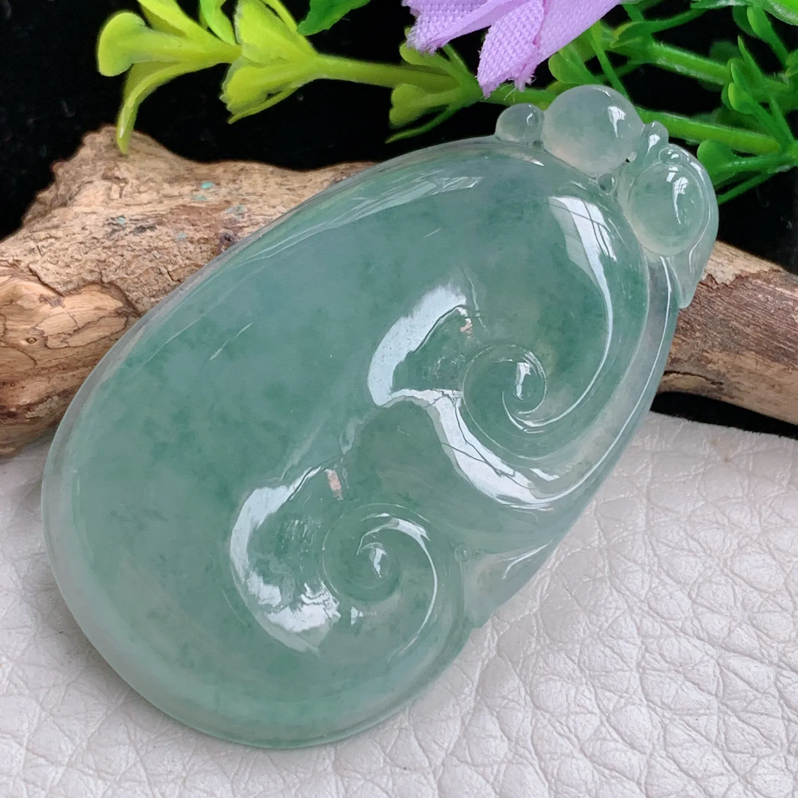 gp自然光48.2*29.5*6天然缅甸翡翠冰晴如意 玉如意玉吊坠 玉挂件