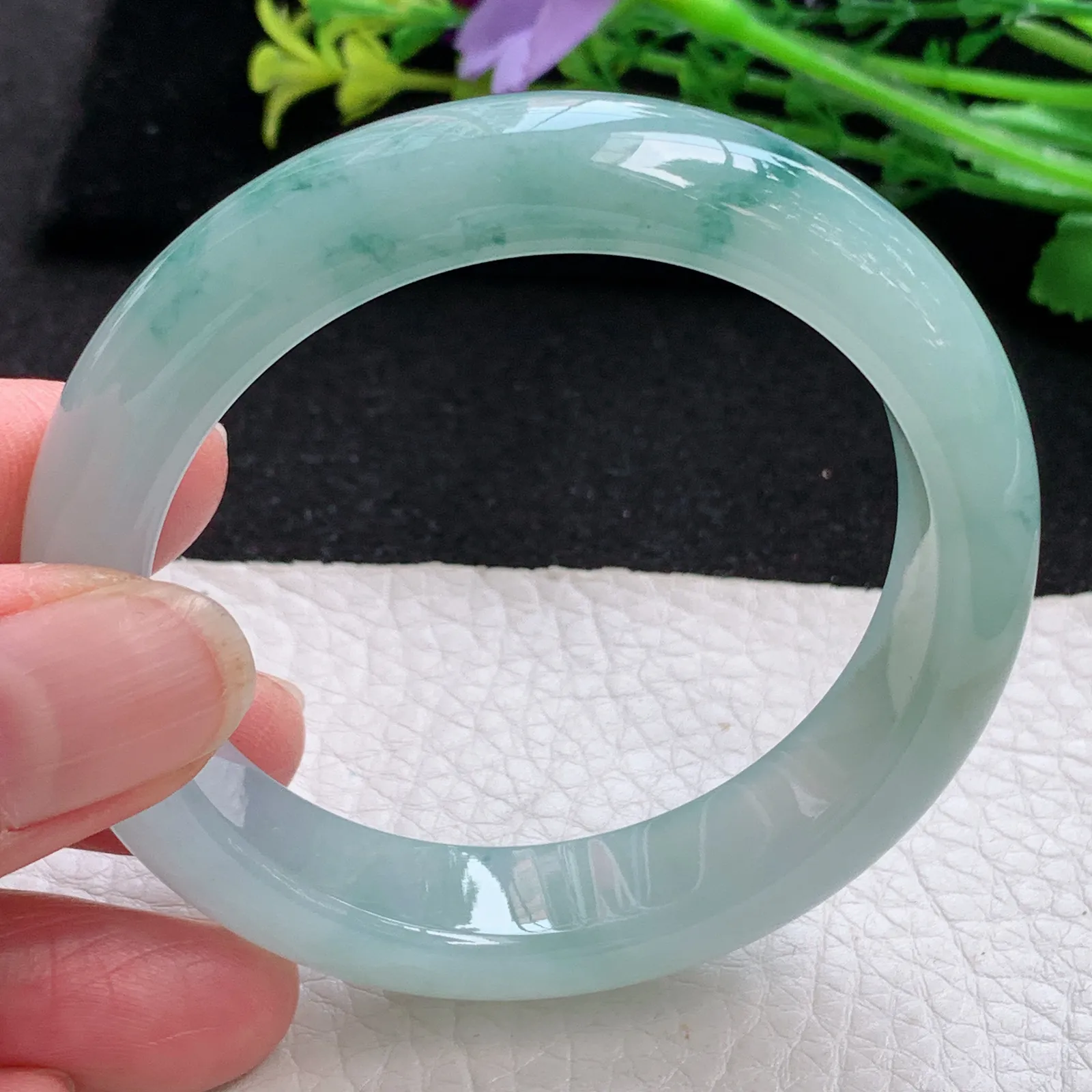 xo小圈口51.5*12.2*8.2平安镯 缅甸翡翠a货玉手镯冰飘花秀气宽边玉手环