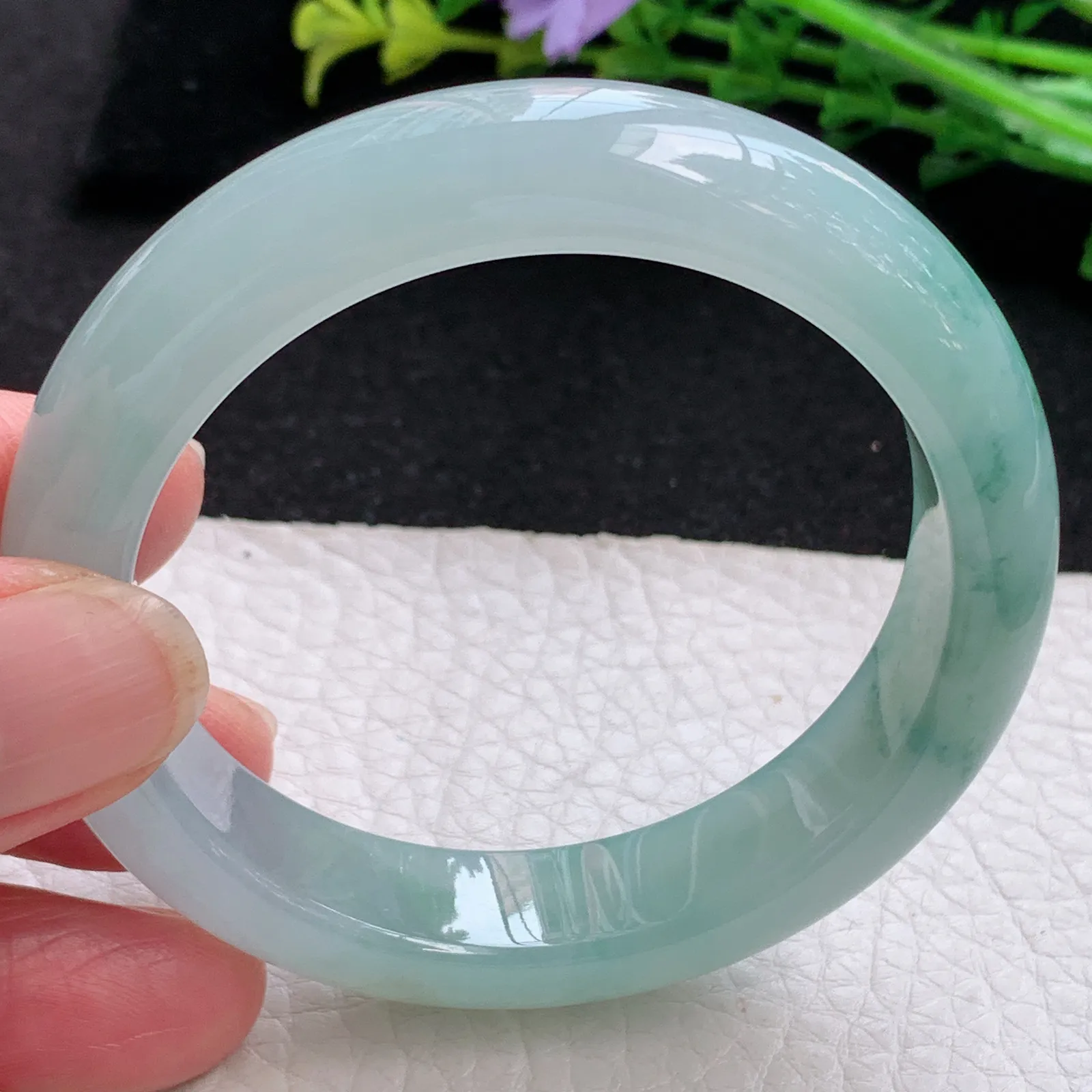 xo小圈口51.5*12.2*8.2平安镯 缅甸翡翠a货玉手镯冰飘花秀气宽边玉手环