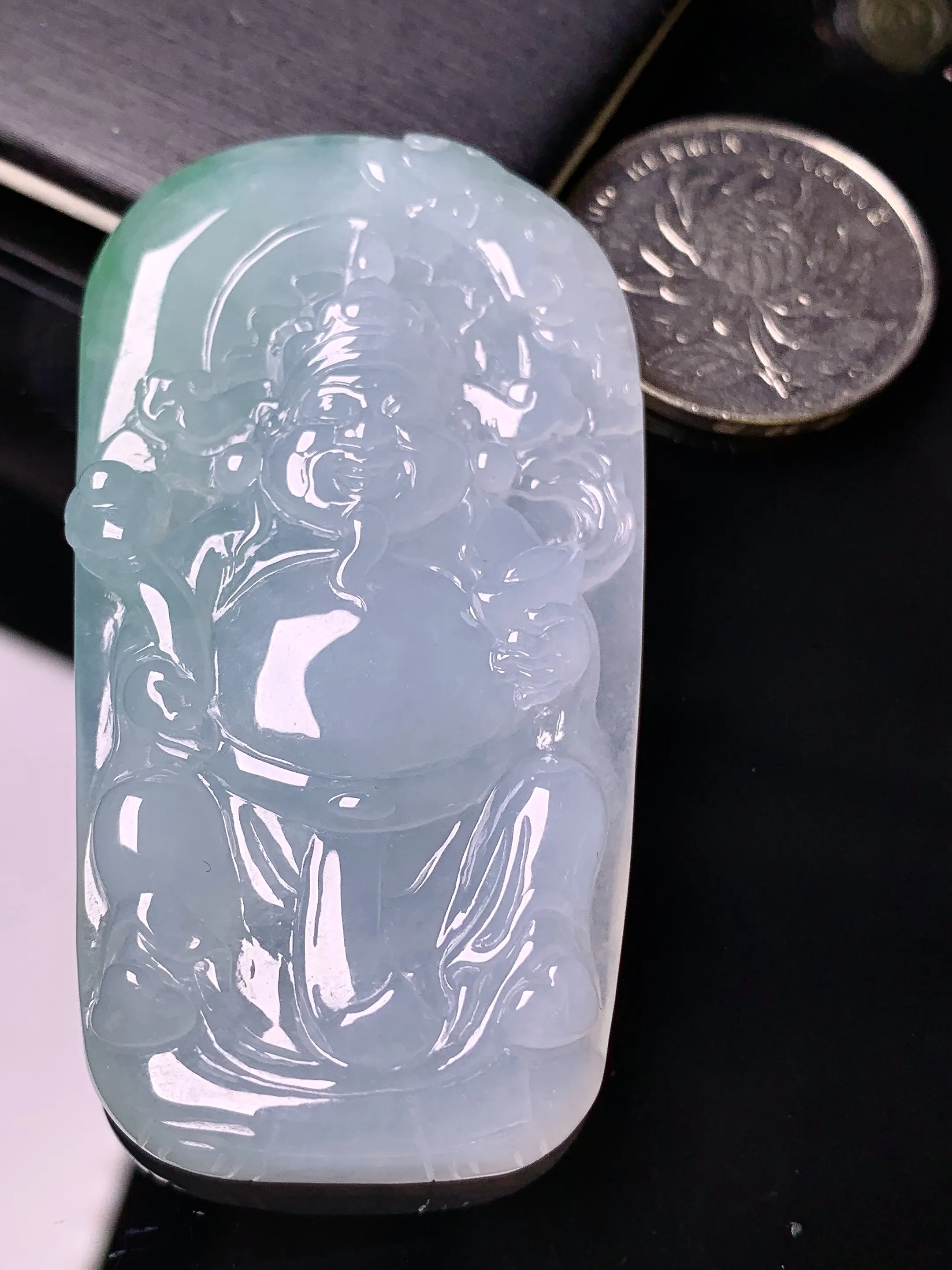 冰种财神吊坠 玉质细腻 色泽清新艳丽  整体尺寸60*32.3*8