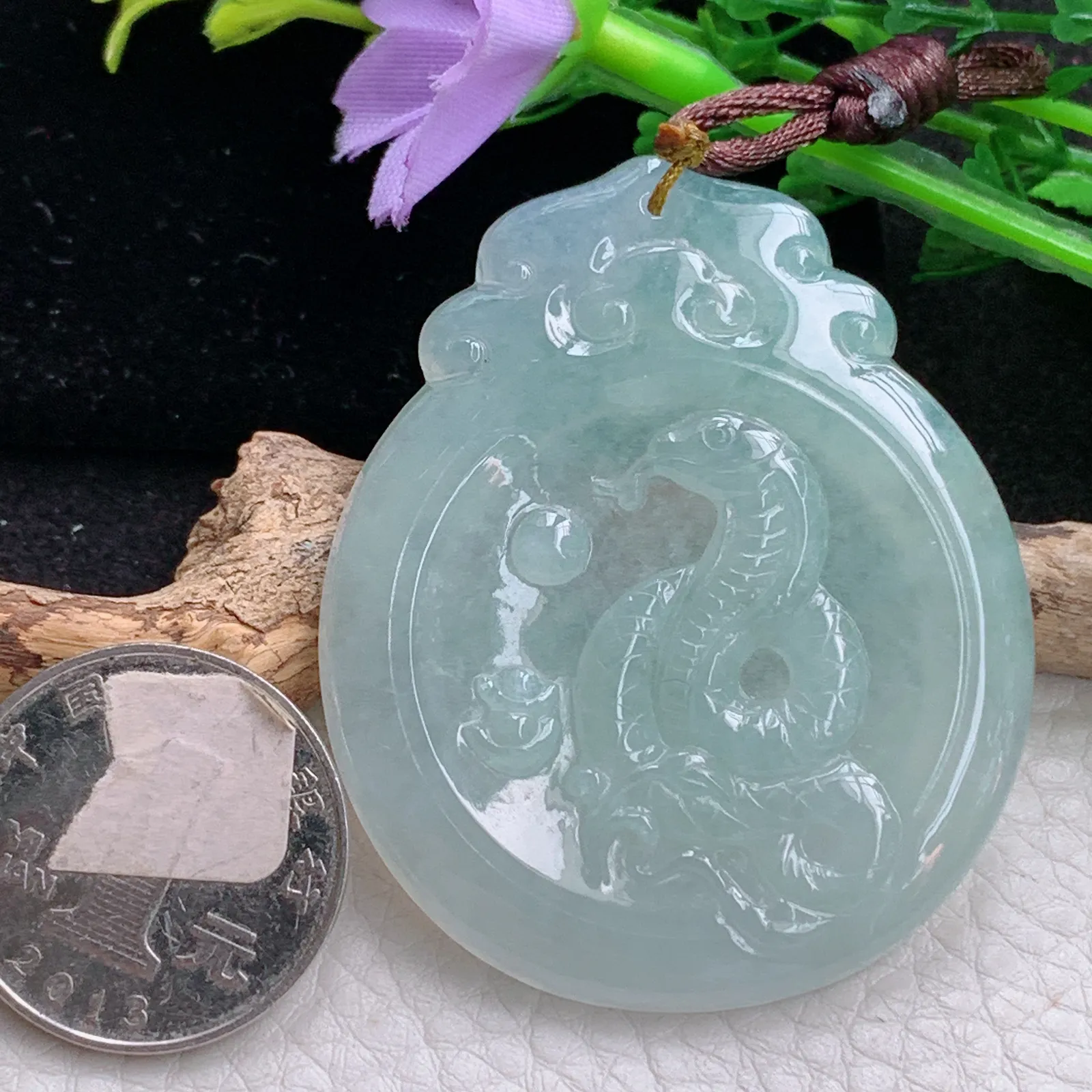 bg自然光53.8*45*5天然缅甸翡翠冰晴生肖蛇 腰缠万贯玉吊坠 毛衣坠