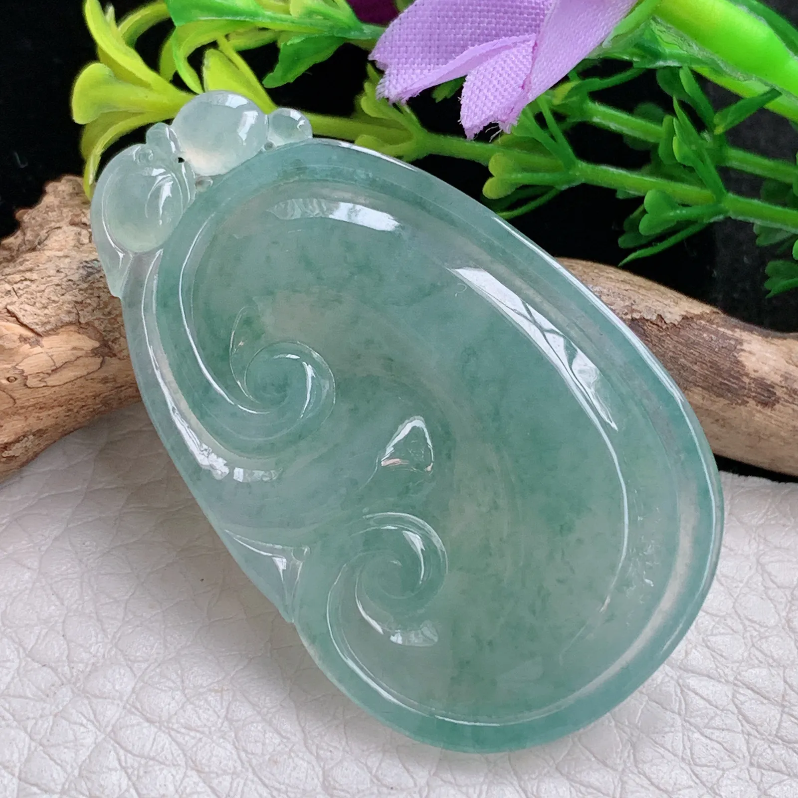 gp自然光48.2*29.5*6天然缅甸翡翠冰晴如意 玉如意玉吊坠 玉挂件