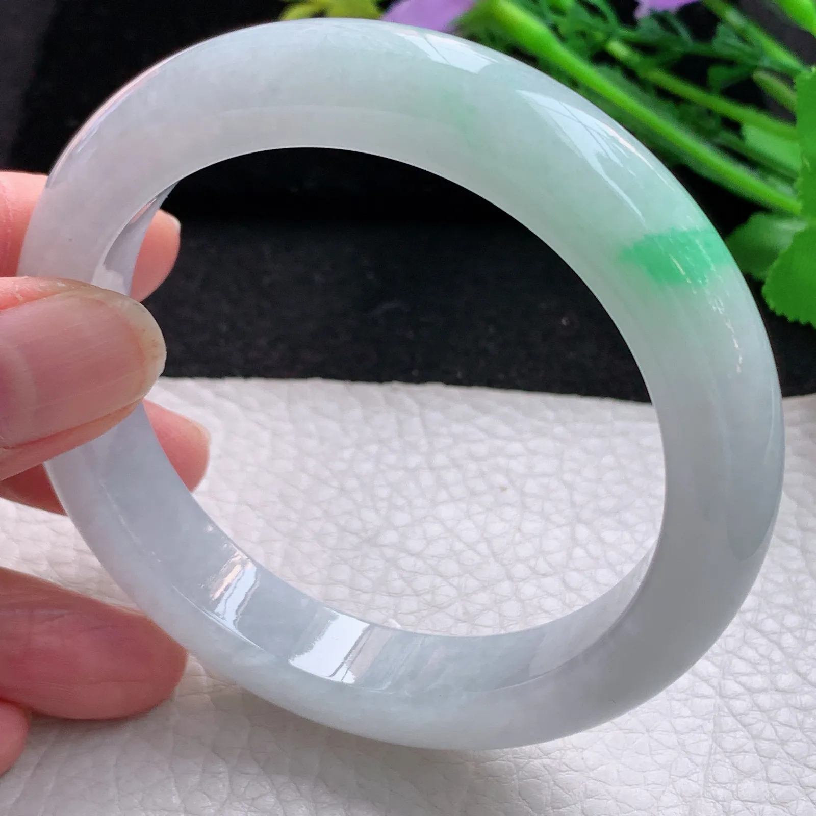 hy自然光59*12.3*9.2平安镯 缅甸翡翠a货玉手镯飘绿花厚装宽边玉手环