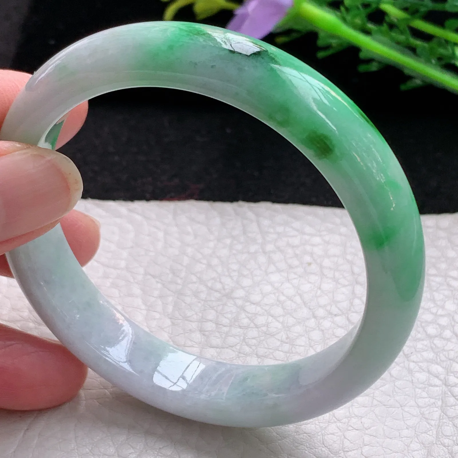 xx自然光57*12.5*7.6平安镯 缅甸翡翠a货玉手镯辣绿宽边玉手环