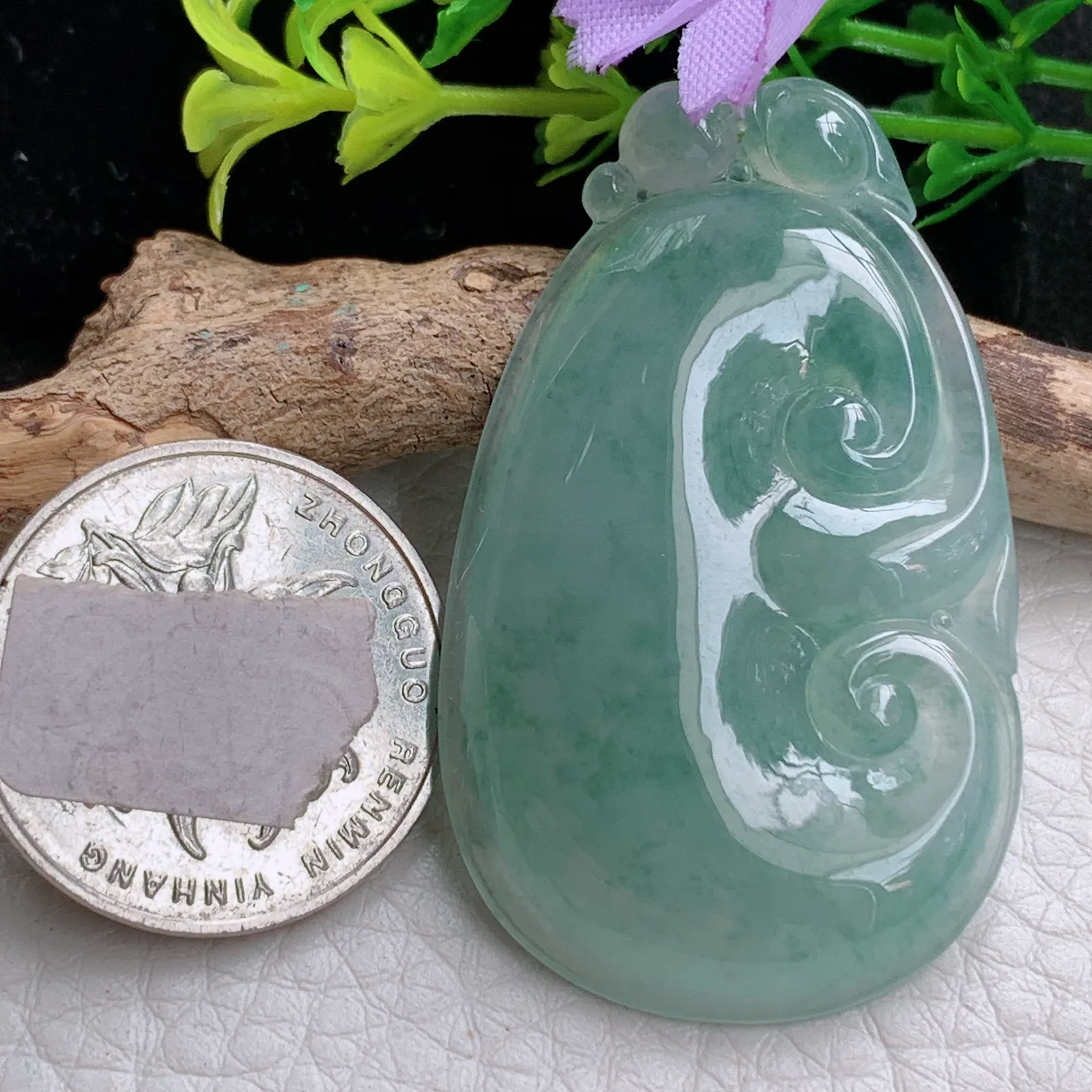 gp自然光48.2*29.5*6天然缅甸翡翠冰晴如意 玉如意玉吊坠 玉挂件