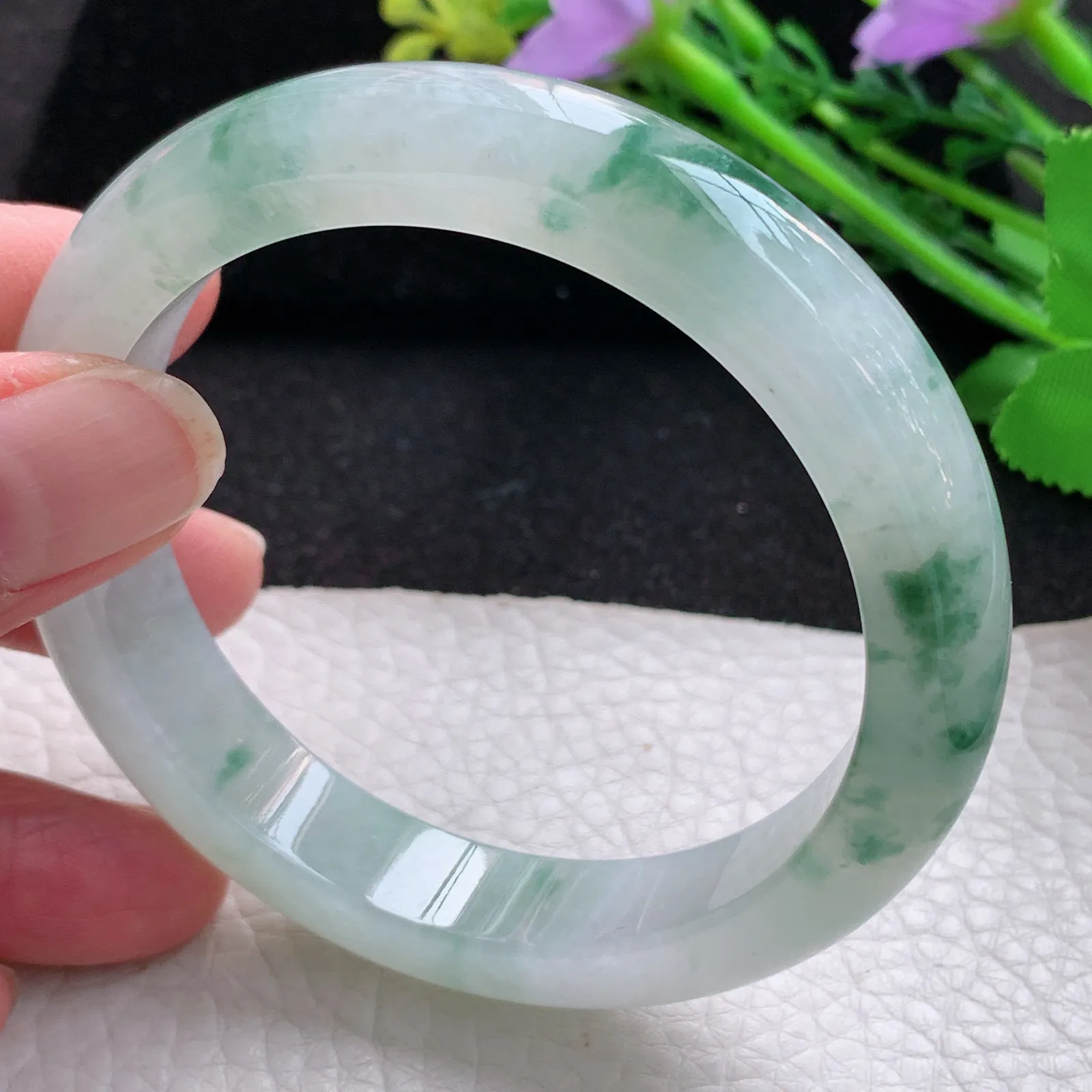 nr自然光57.8*12.2*8.3平安镯 缅甸翡翠a货玉手镯冰飘花宽边玉手环