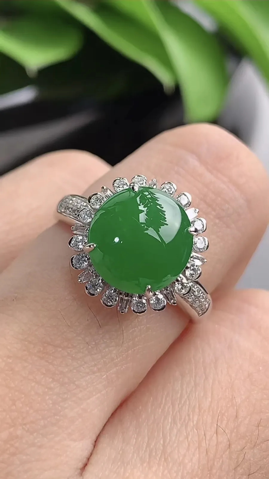 a货翡翠老坑冰种18K金伴钻镶嵌阳绿蛋面戒指 圈口17.7裸石尺寸10×9.5mm 重量4.45g 1201