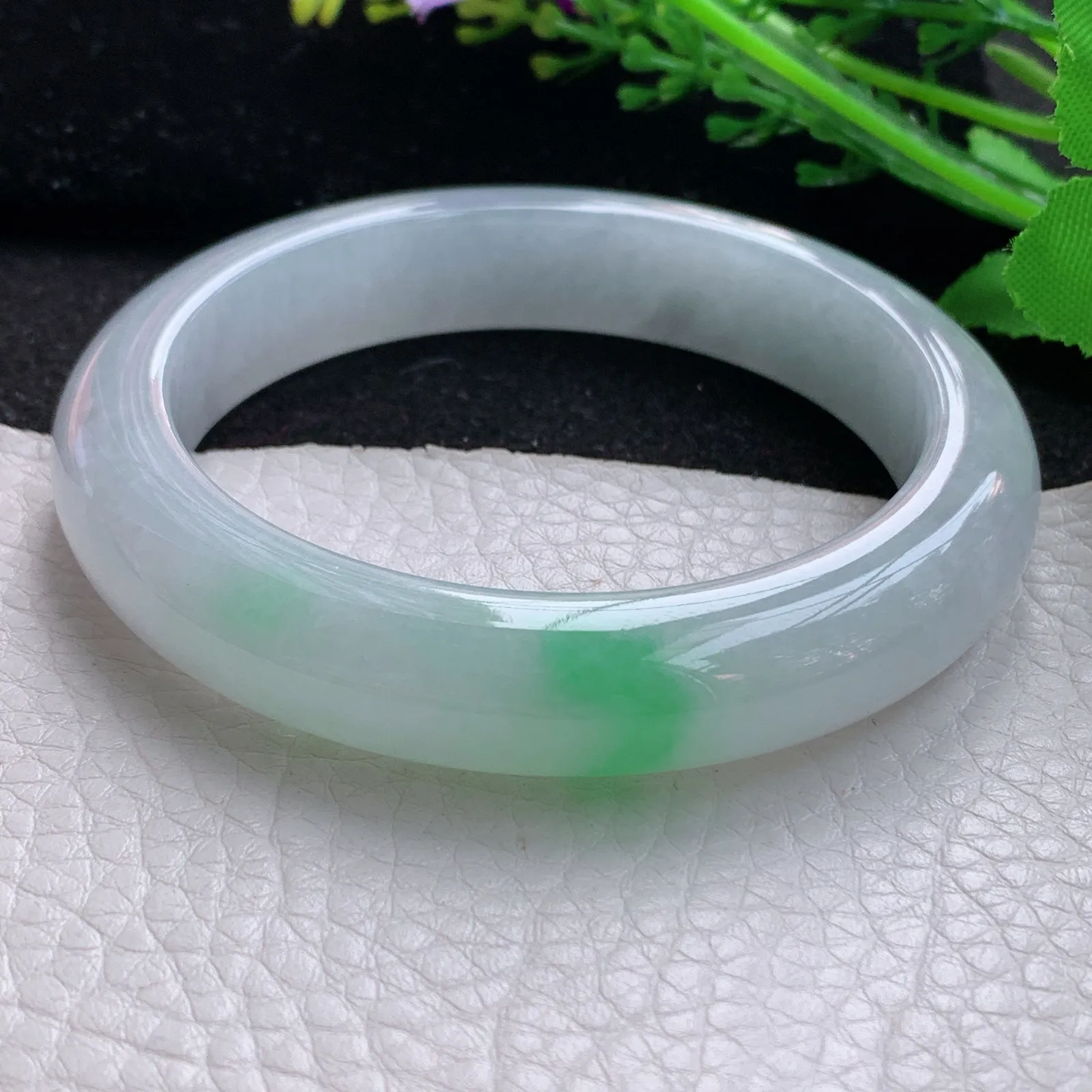 hy自然光59*12.3*9.2平安镯 缅甸翡翠a货玉手镯飘绿花厚装宽边玉手环