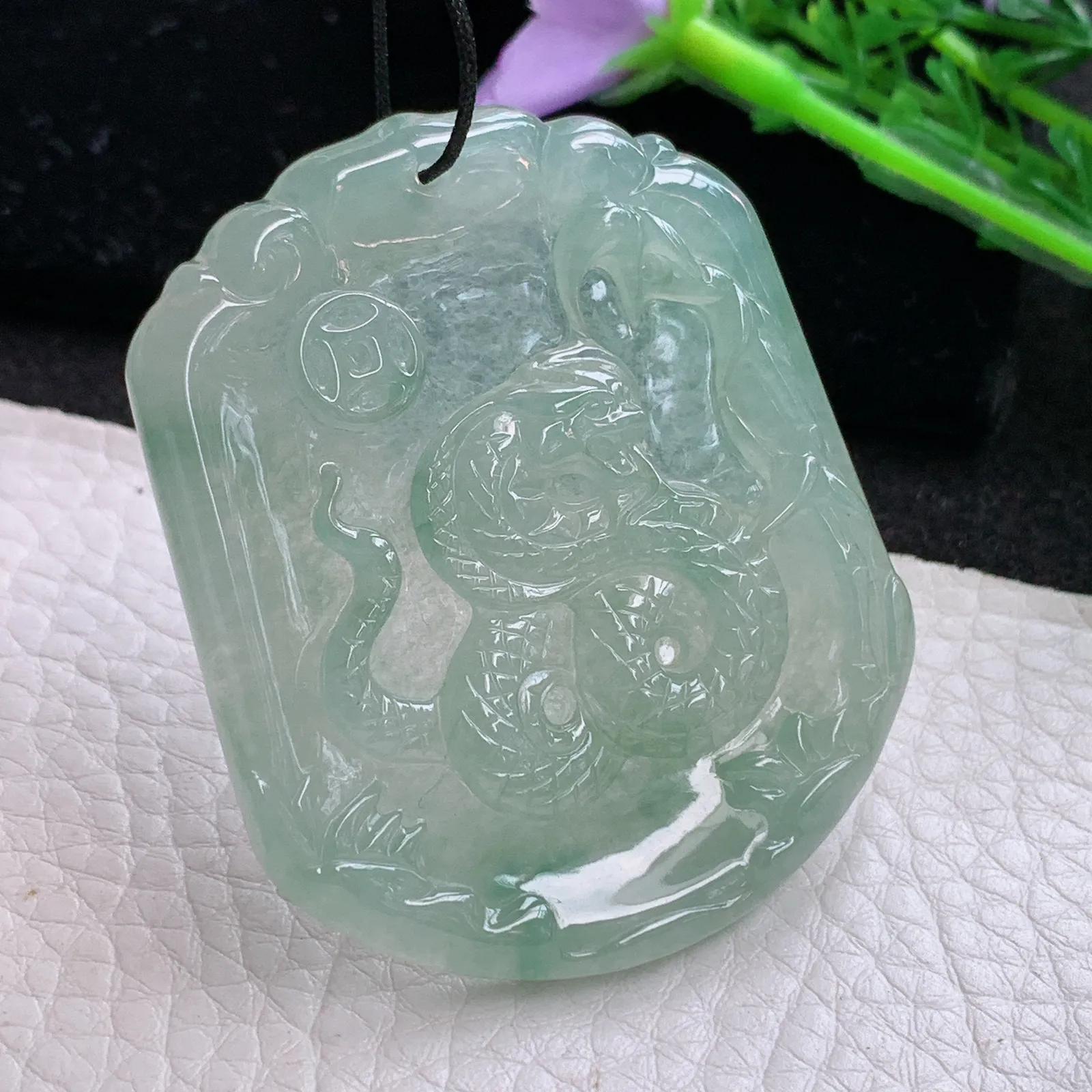 kh自然光52.5*43.5*4.6天然缅甸翡翠冰晴生肖蛇 腰缠万贯玉吊坠 毛衣坠