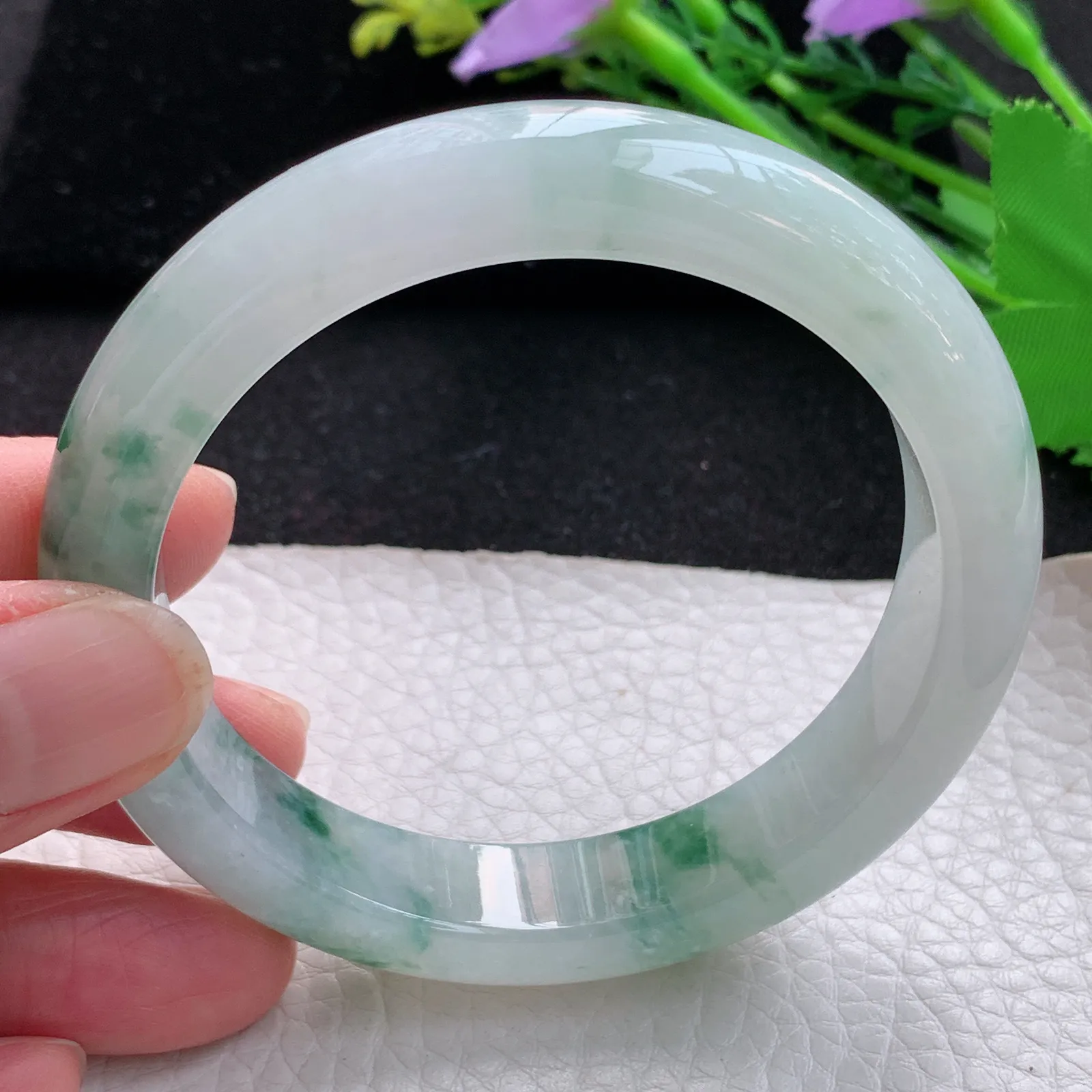 nr自然光57.8*12.2*8.3平安镯 缅甸翡翠a货玉手镯冰飘花宽边玉手环