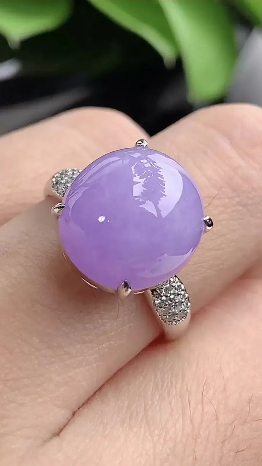 a货翡翠老坑冰种18K金伴钻镶嵌紫罗兰蛋面戒指 圈口17.4裸石尺寸12.6×12mm 重量5.40g 1201