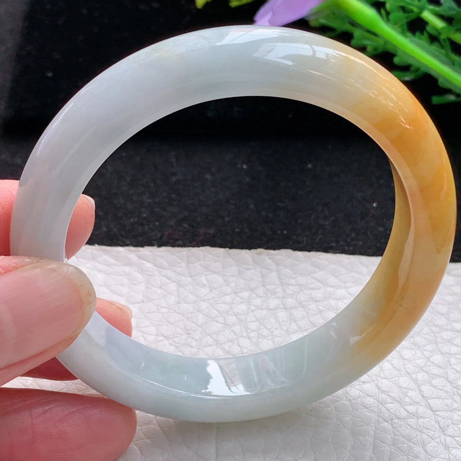 z自然光53.6*11.5*8平安镯 缅甸翡翠a货玉手镯双彩宽边玉手环