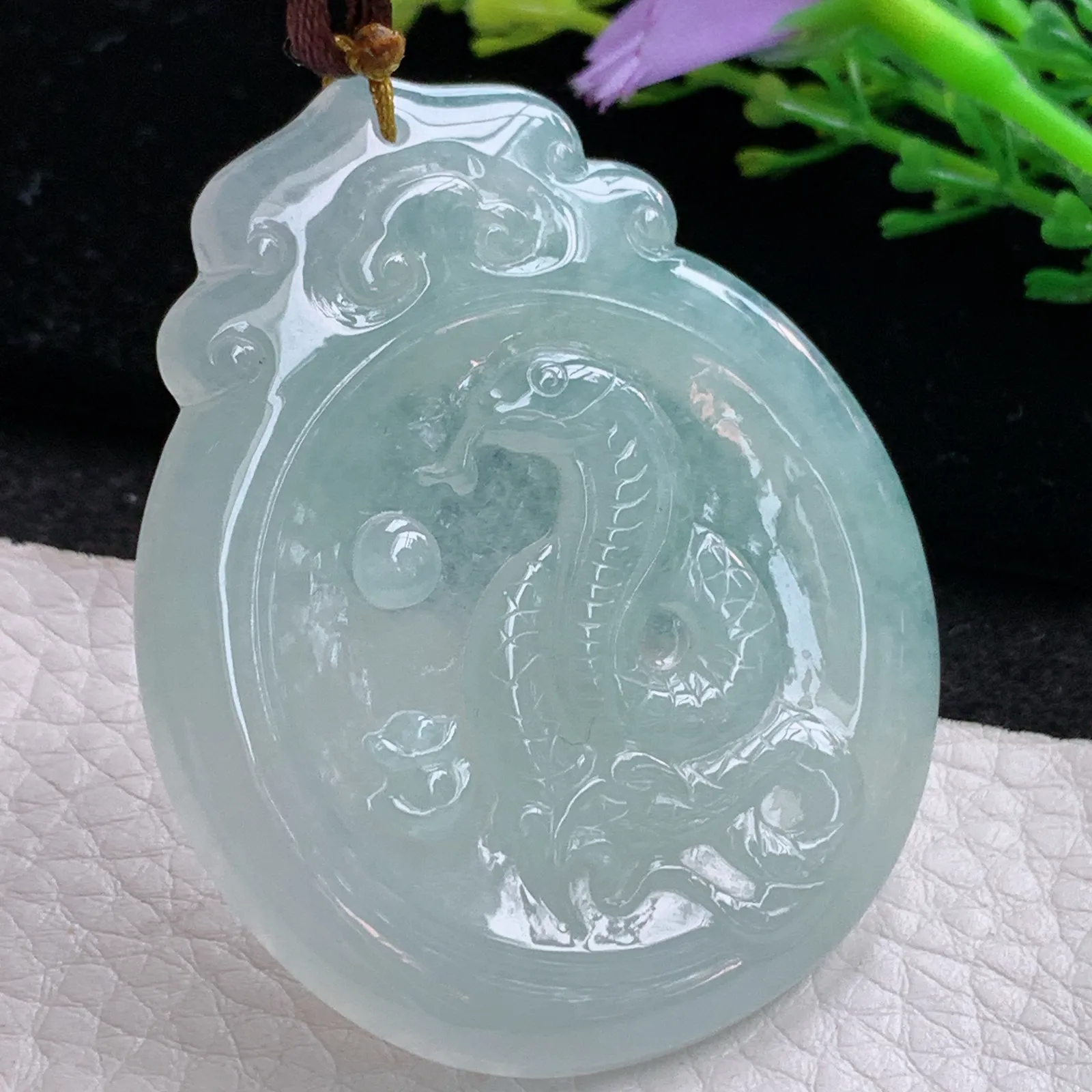 bg自然光53.8*45*5天然缅甸翡翠冰晴生肖蛇 腰缠万贯玉吊坠 毛衣坠