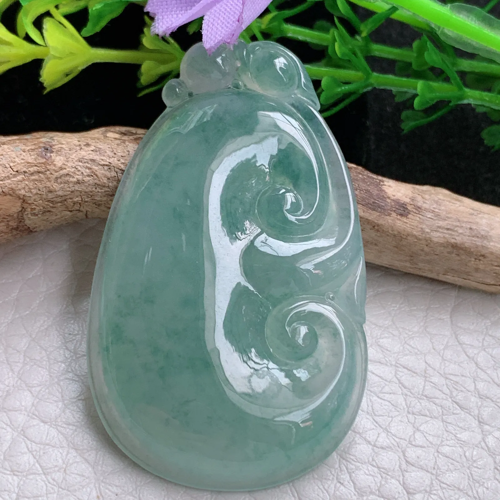 gp自然光48.2*29.5*6天然缅甸翡翠冰晴如意 玉如意玉吊坠 玉挂件