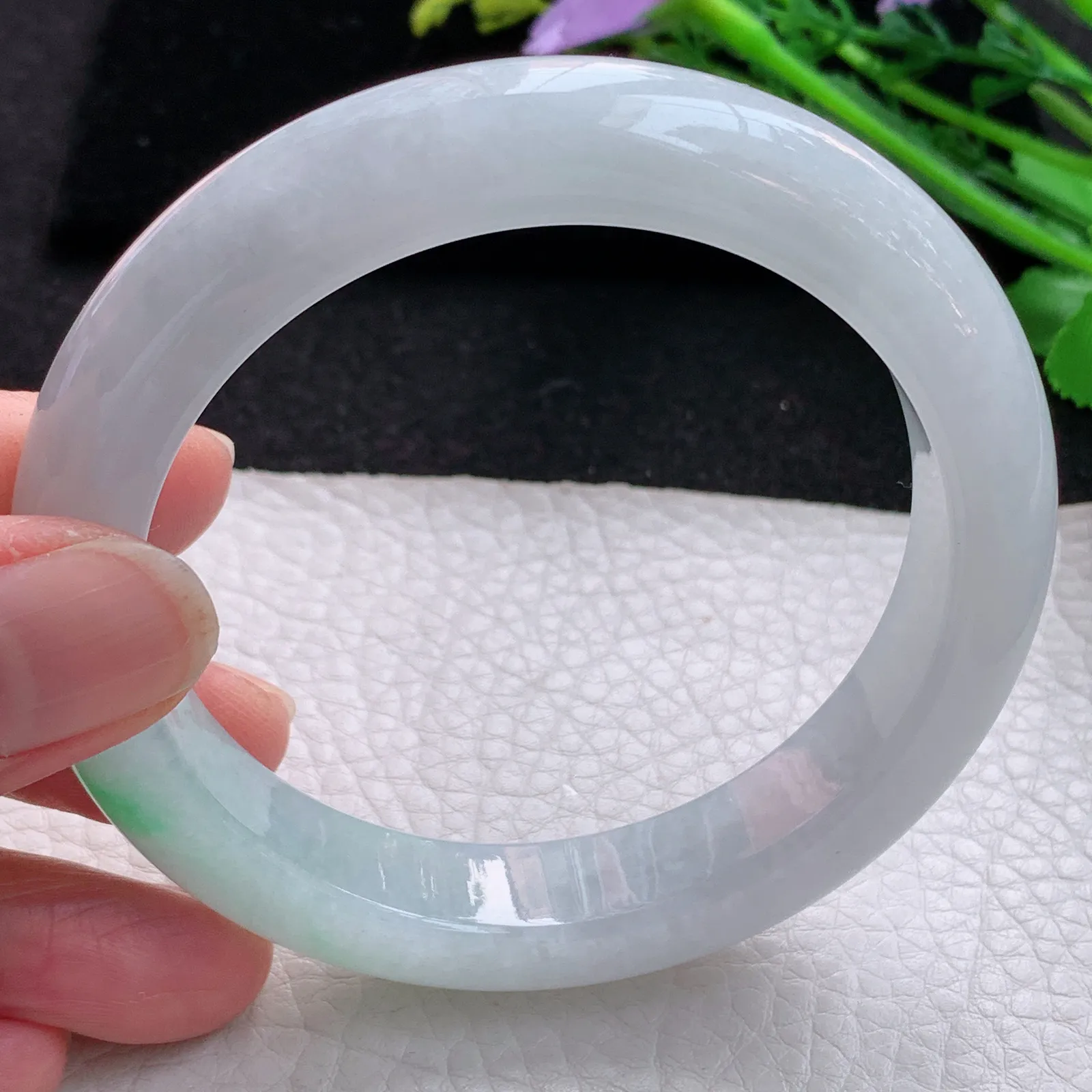 hy自然光59*12.3*9.2平安镯 缅甸翡翠a货玉手镯飘绿花厚装宽边玉手环