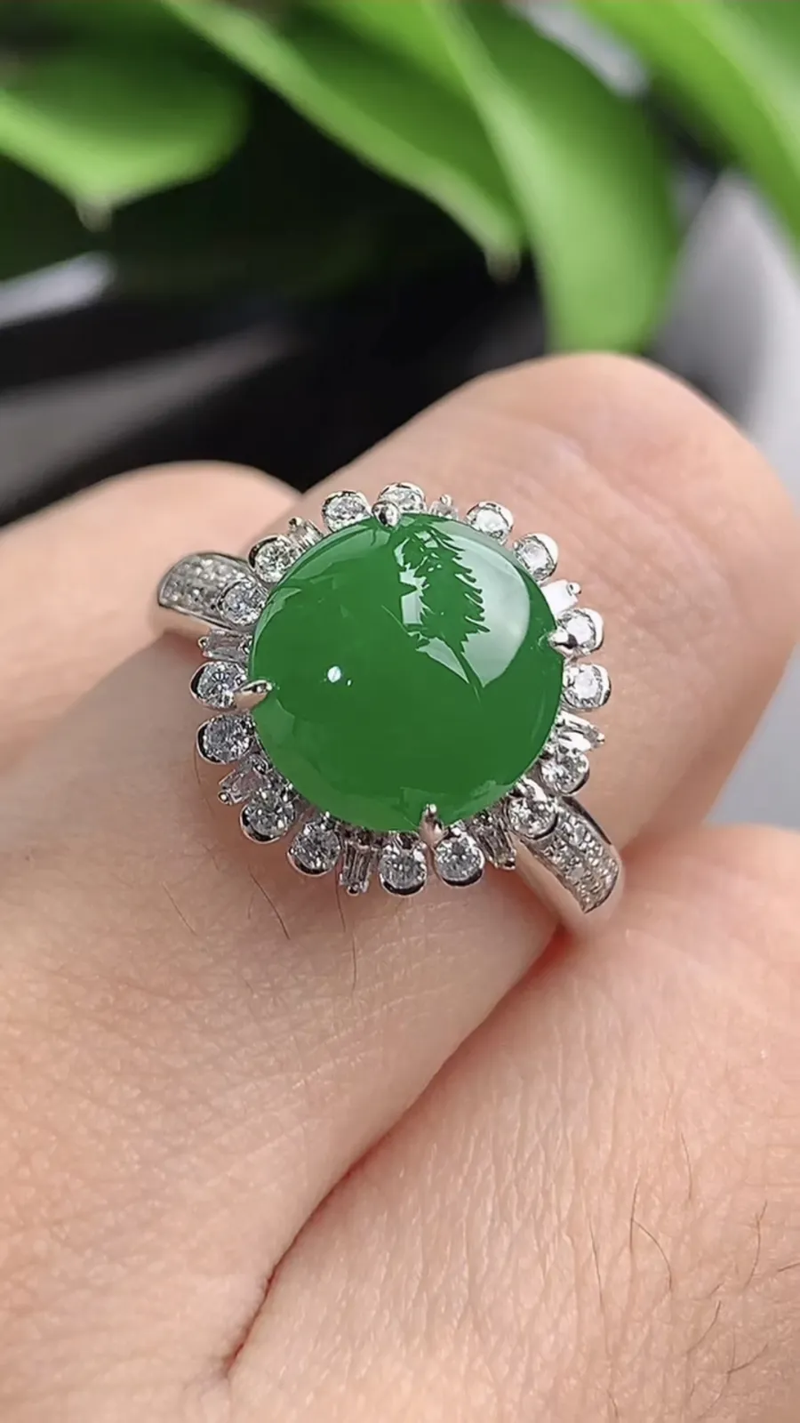 a货翡翠老坑冰种18K金伴钻镶嵌阳绿蛋面戒指 圈口17.7裸石尺寸10×9.5mm 重量4.45g 