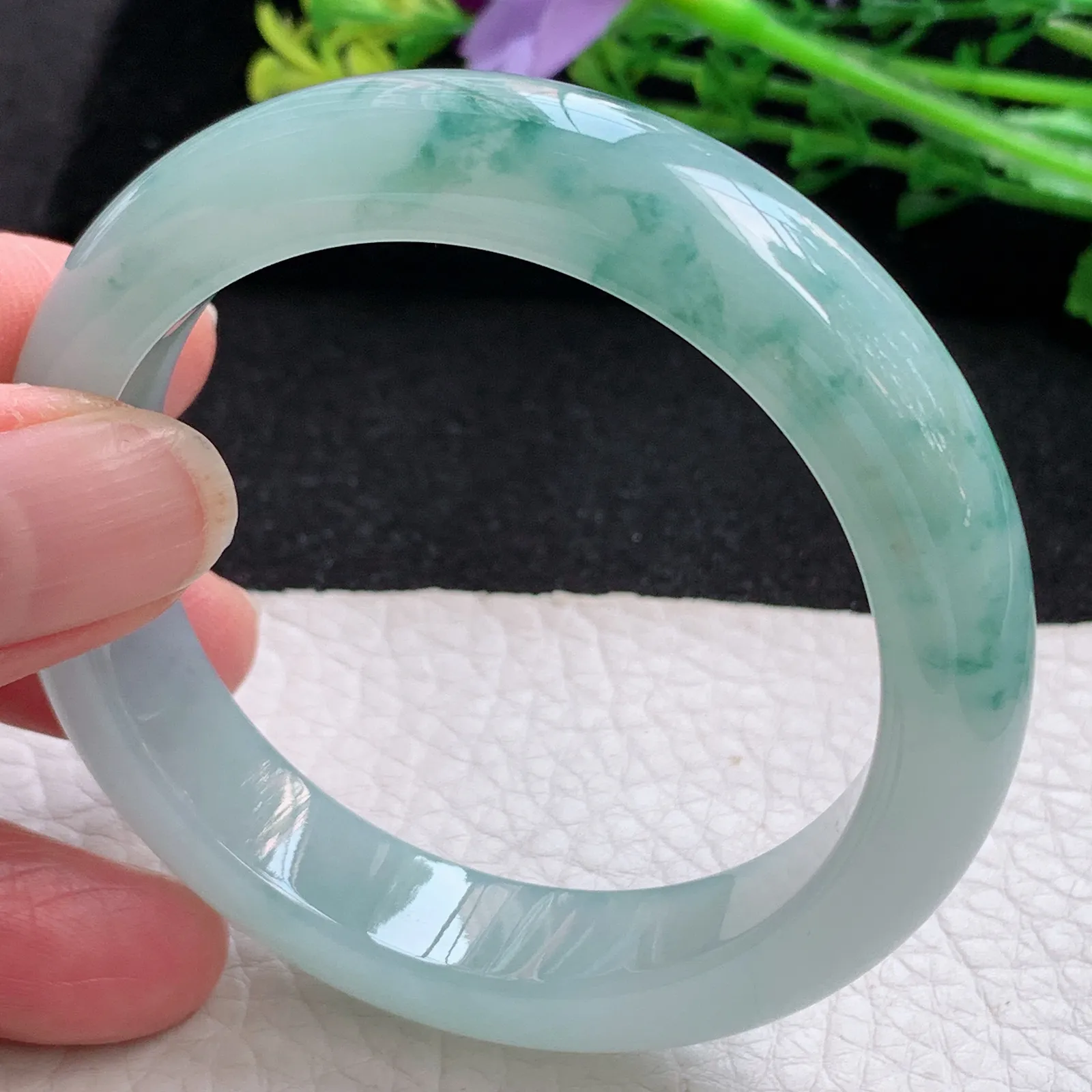 xo小圈口51.5*12.2*8.2平安镯 缅甸翡翠a货玉手镯冰飘花秀气宽边玉手环