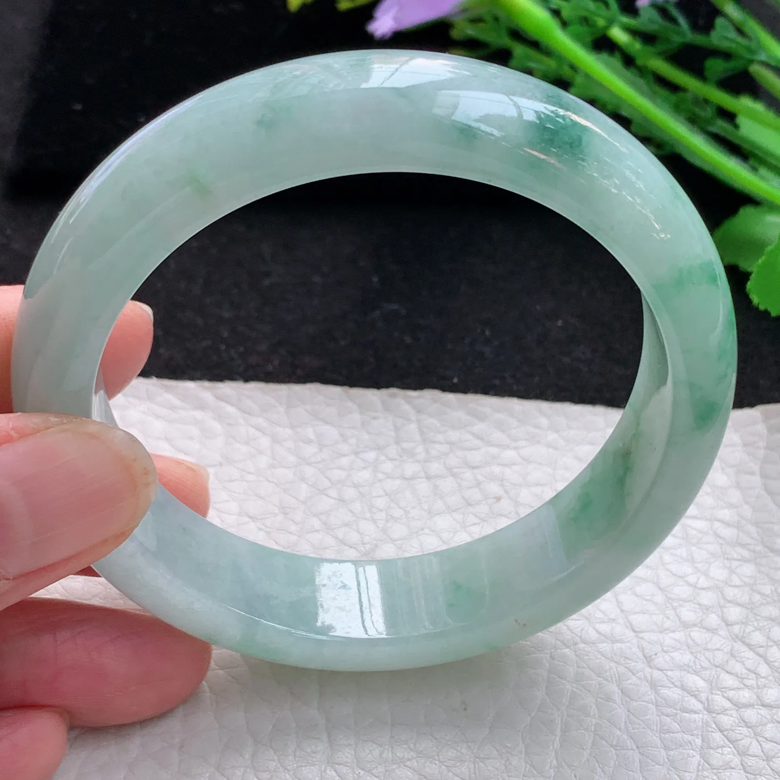 hy自然光58*14.5*8.5平安镯 缅甸翡翠a货玉手镯飘花宽边玉手环