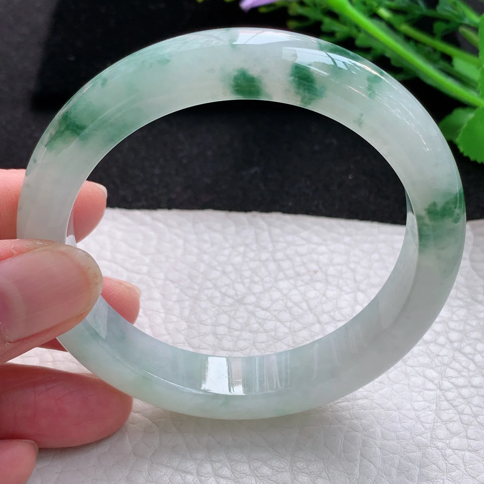 nr自然光57.8*12.2*8.3平安镯 缅甸翡翠a货玉手镯冰飘花宽边玉手环