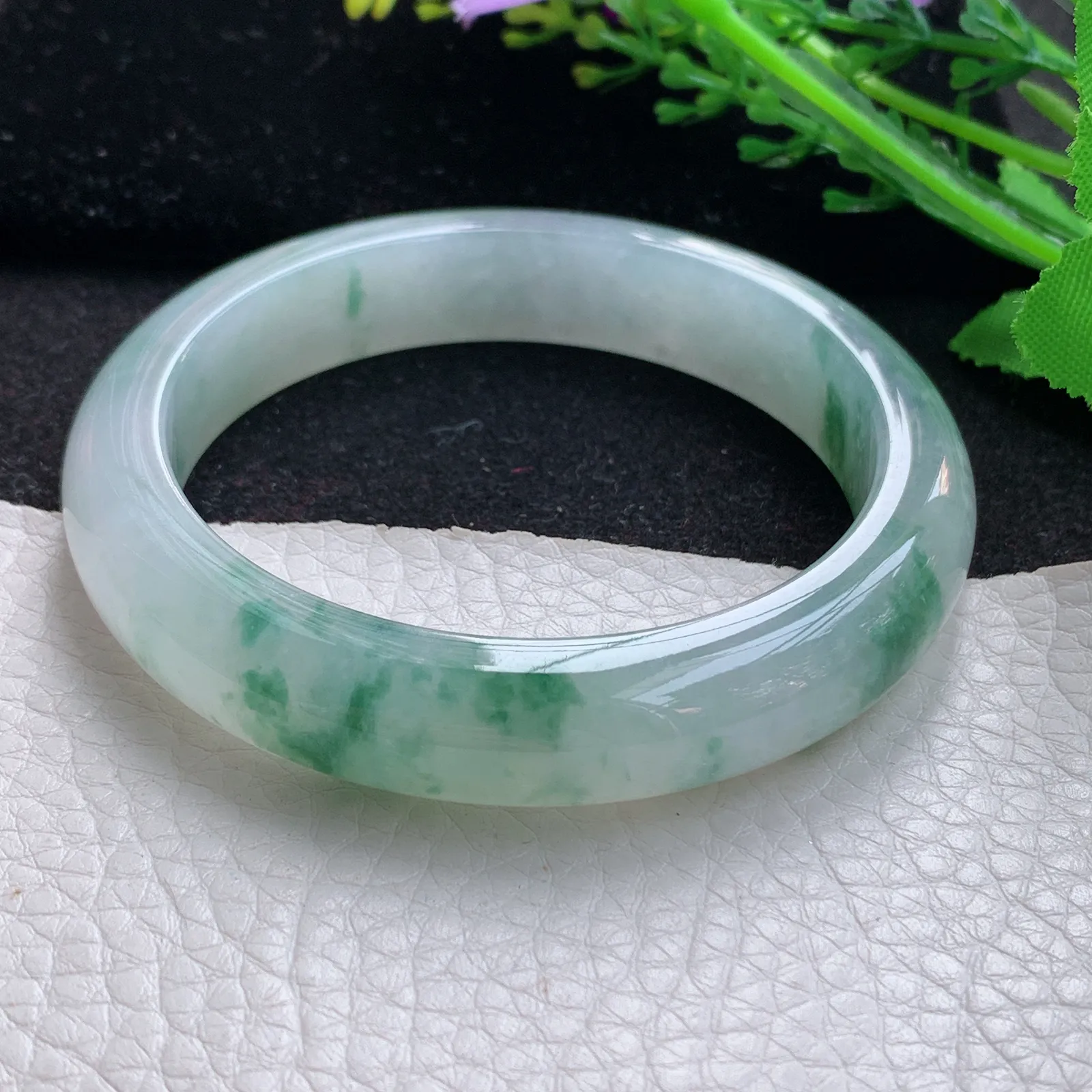 nr自然光57.8*12.2*8.3平安镯 缅甸翡翠a货玉手镯冰飘花宽边玉手环