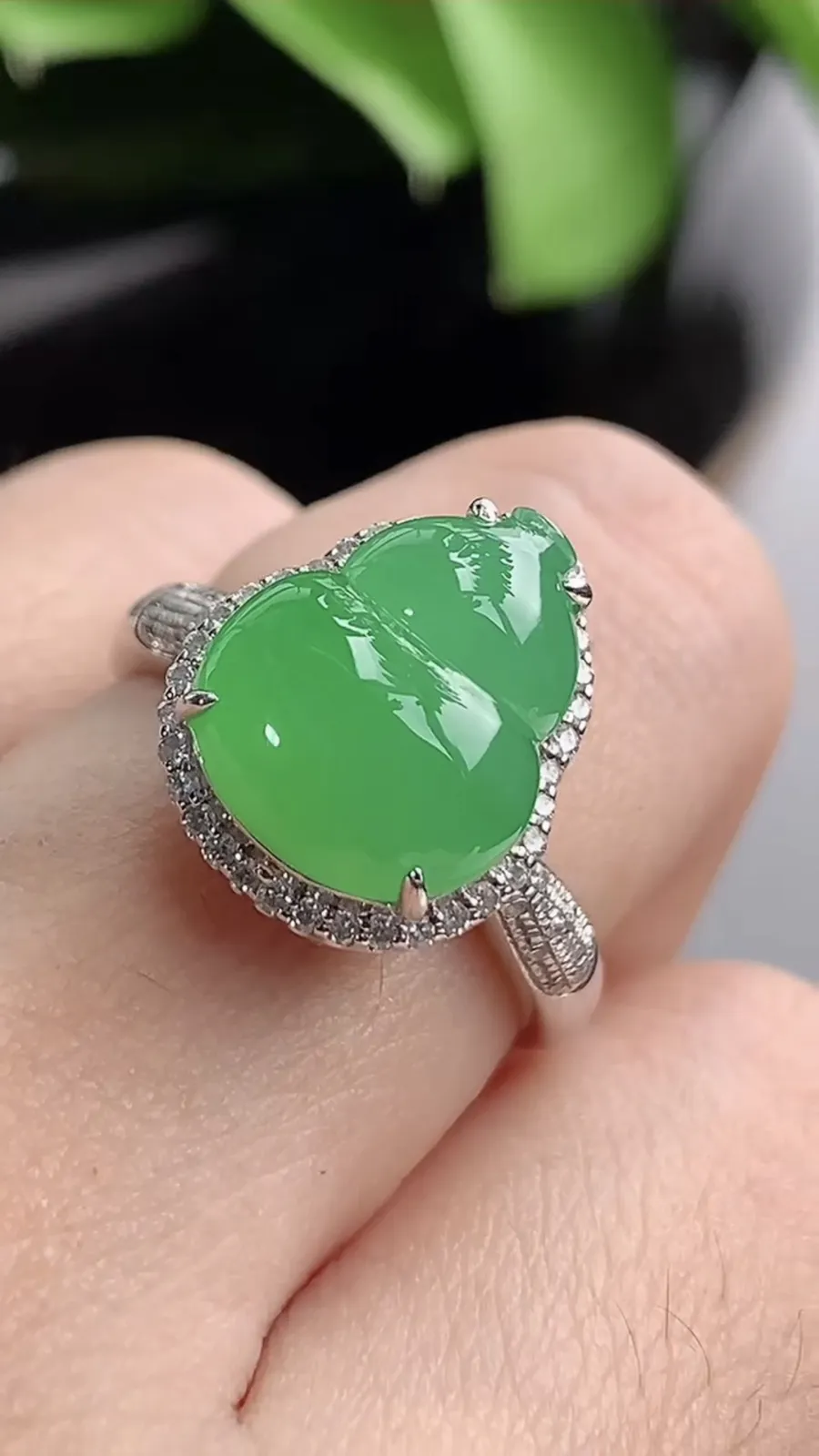a货翡翠老坑冰种18K金伴钻镶嵌甜绿葫芦戒指 尺寸26.3×16×10裸石15.8×12mm 重量5.22g 1202