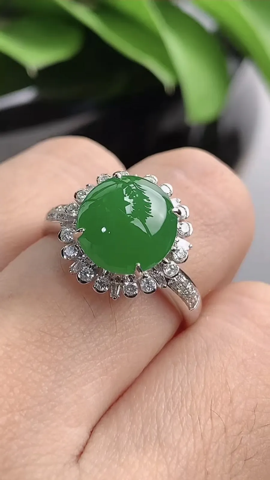 a货翡翠老坑冰种18K金伴钻镶嵌阳绿蛋面戒指 圈口17.7裸石尺寸10×9.5mm 重量4.45g 1201