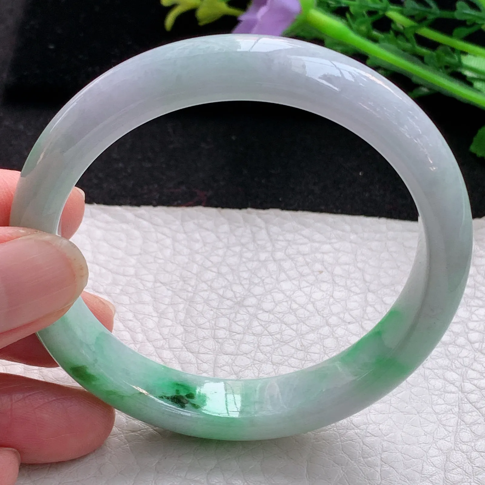 xx自然光57*12.5*7.6平安镯 缅甸翡翠a货玉手镯辣绿宽边玉手环