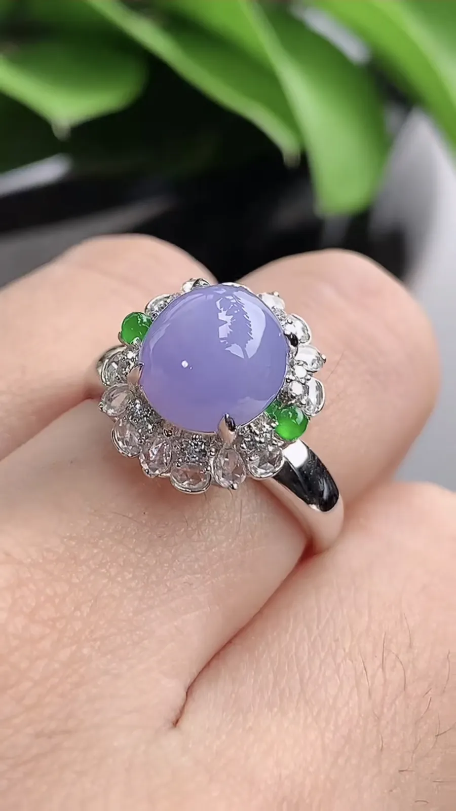 a货翡翠老坑冰种18K金伴钻镶嵌紫罗兰蛋面戒指 圈口17.5裸石尺寸9×8.3mm 重量4.25g 1201