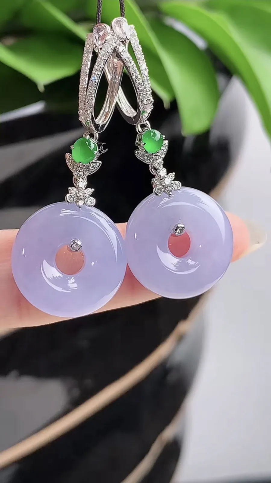 a货翡翠老坑冰种18K金伴钻镶嵌紫罗兰平安环耳坠 尺寸15.3×5mm 重量7.34g 1201