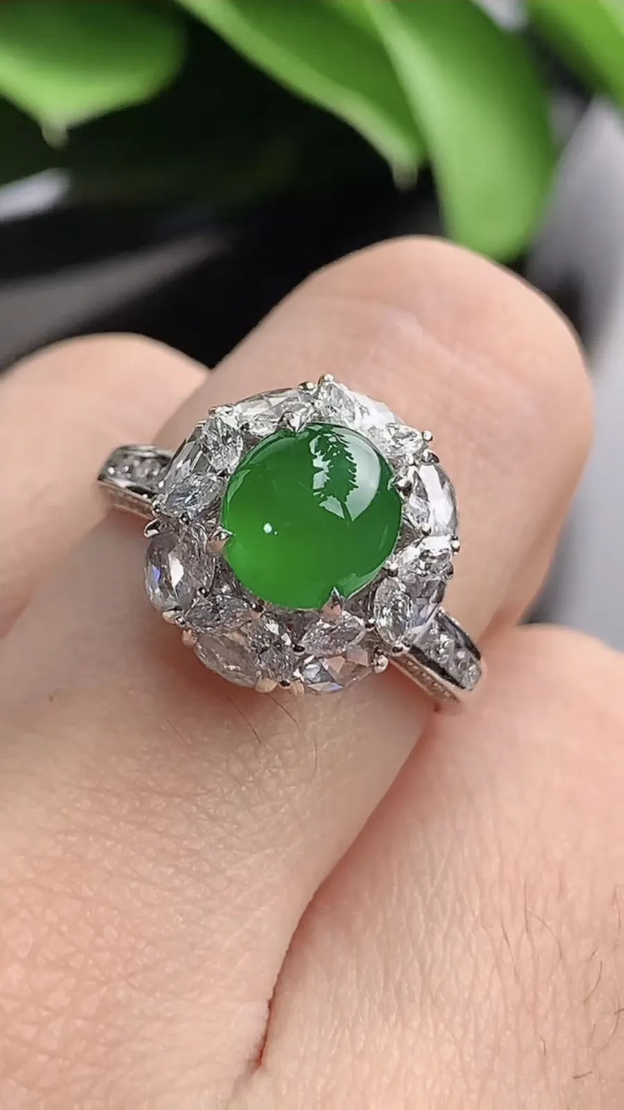 a货翡翠老坑冰种18K金伴钻镶嵌阳绿蛋面戒指 圈口17.5裸石尺寸7.2×6.6mm 重量5.50g 1201