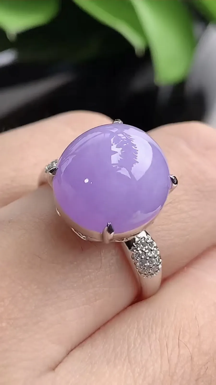 a货翡翠老坑冰种18K金伴钻镶嵌紫罗兰蛋面戒指 圈口17.4裸石尺寸12.6×12mm 重量5.40g 1201