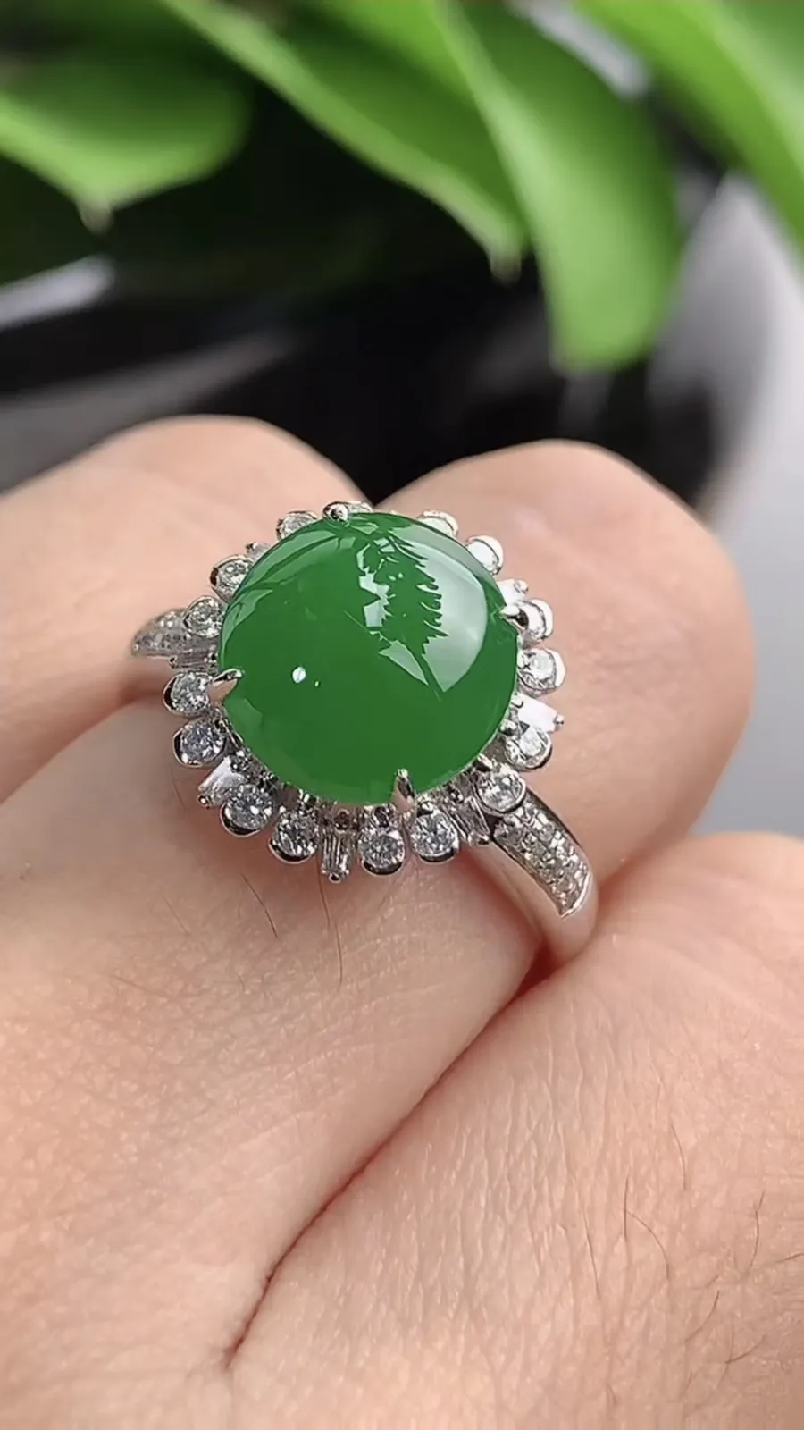 a货翡翠老坑冰种18K金伴钻镶嵌阳绿蛋面戒指 圈口17.7裸石尺寸10×9.5mm 重量4.45g 1201