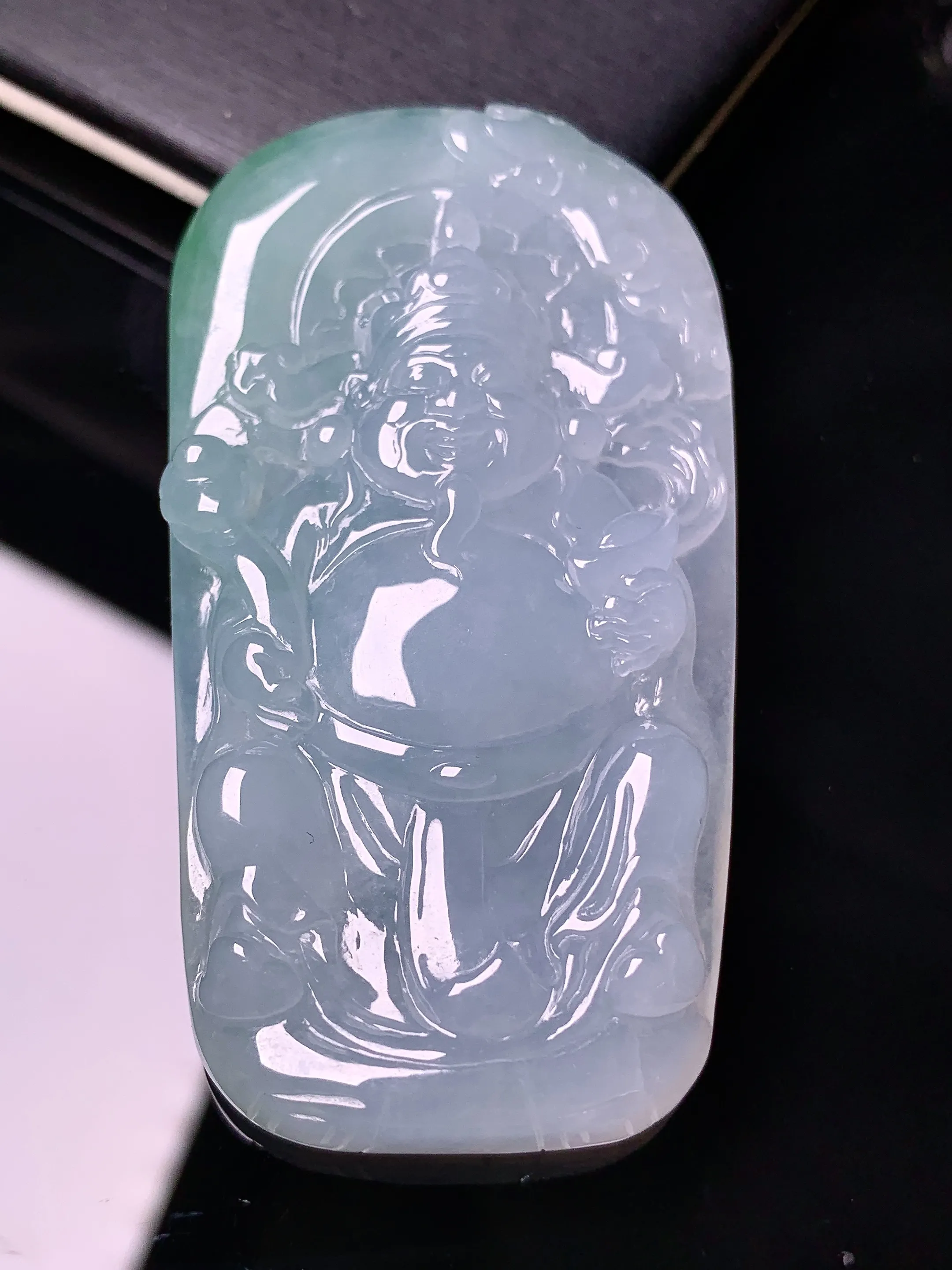 冰种财神吊坠 玉质细腻 色泽清新艳丽  整体尺寸60*32.3*8