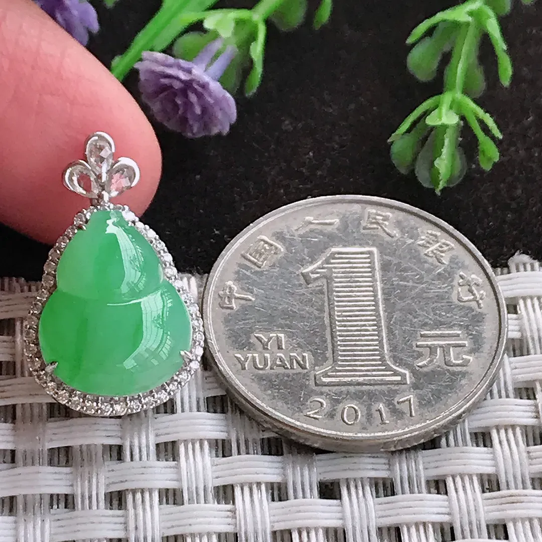 天然A货翡翠22.7/14/8.8老坑18k金镶嵌冰胶飘阳绿葫芦吊坠翡翠玉挂件