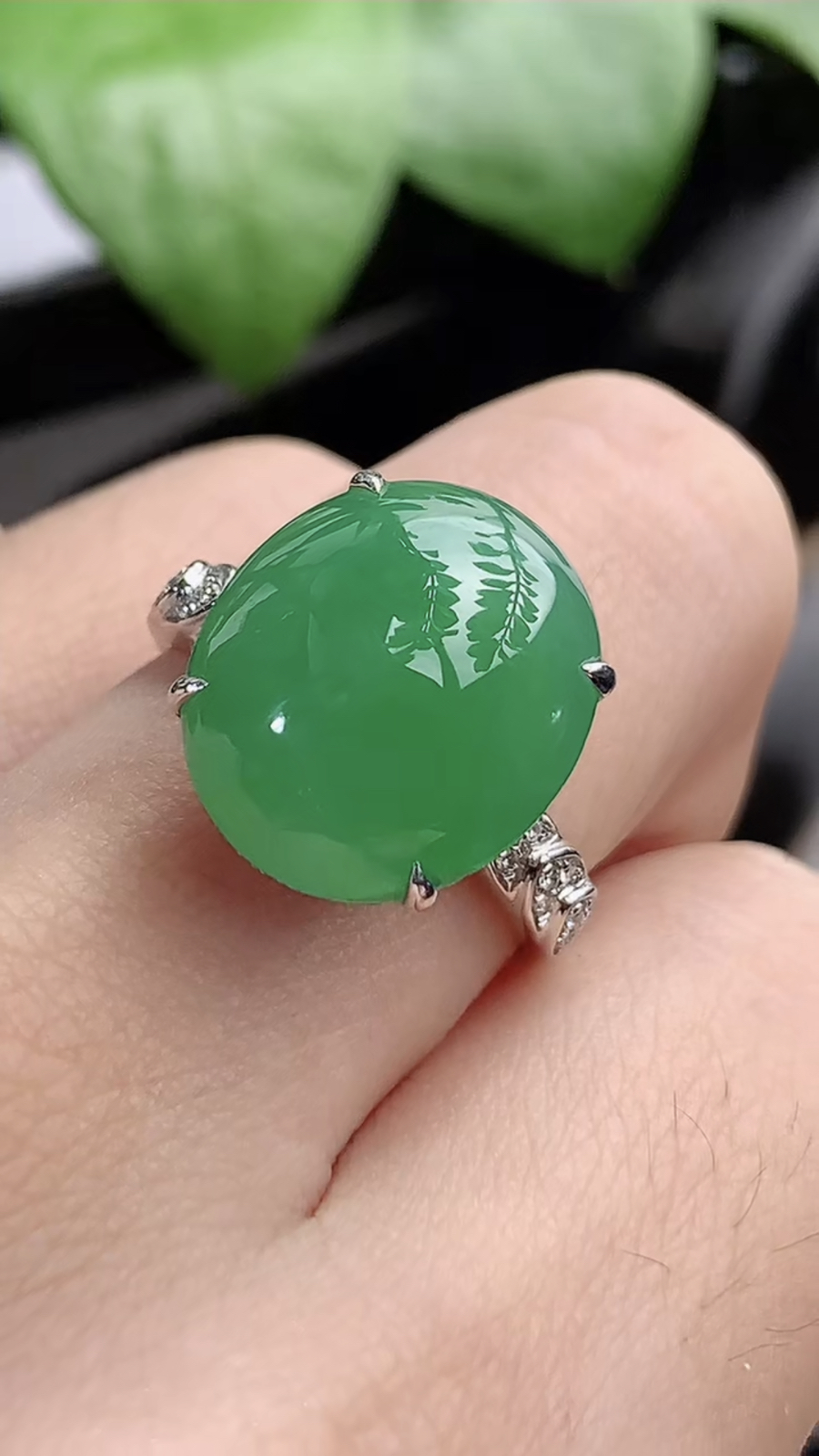 a货翡翠老坑冰种18K金伴钻镶嵌阳绿蛋面戒指 圈口17.7裸石尺寸15.2×13mm 重量6.33g