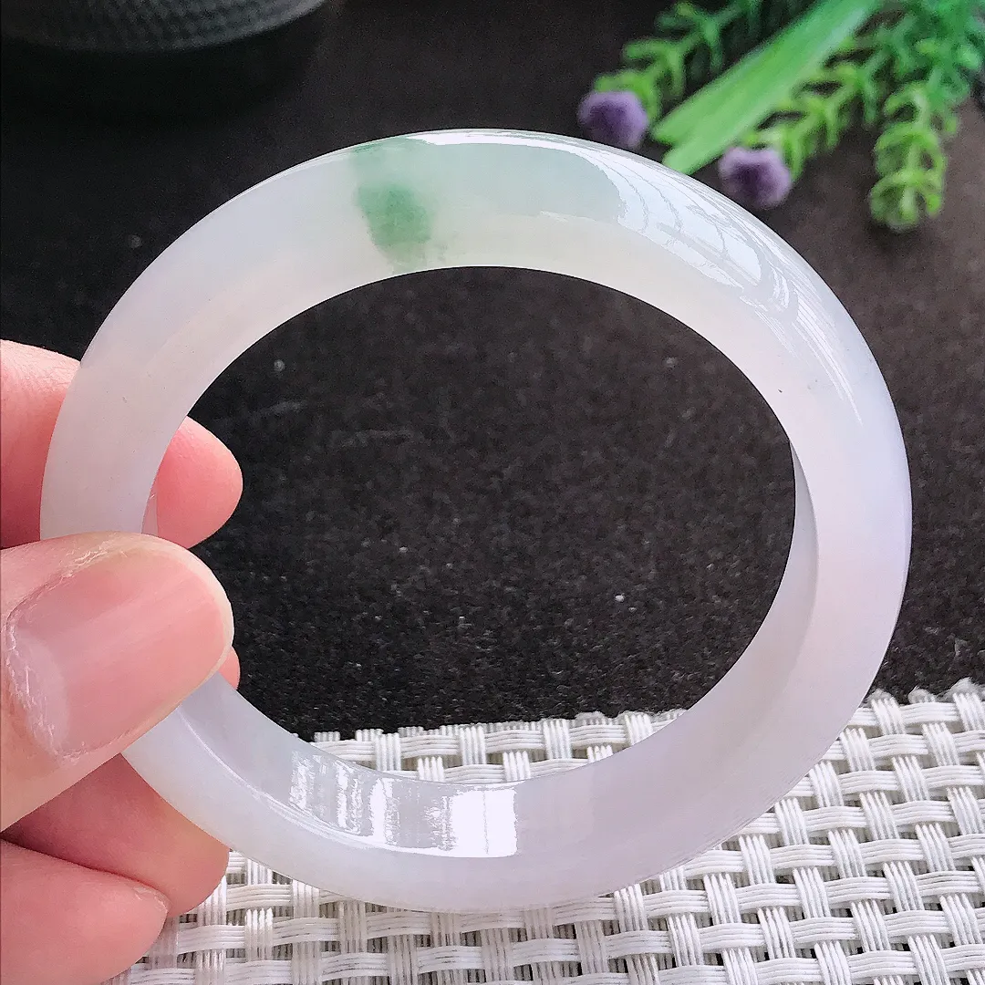 天然A货翡翠54/12.1/8.5老坑冰透果冻胶飘花手镯宽边玉镯