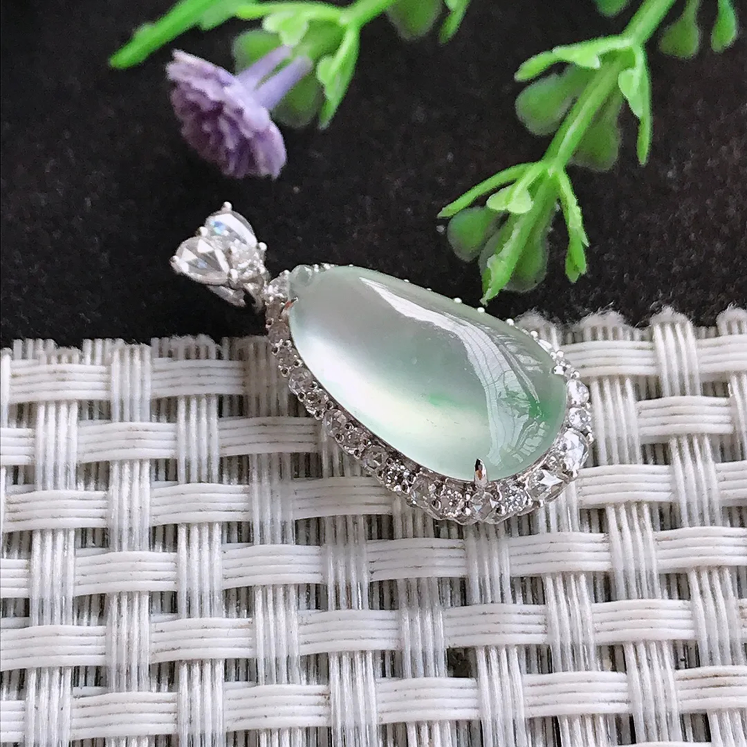 天然A货翡翠28/13.3/8.4老坑18k金镶嵌冰种福瓜吊坠翡翠玉挂件