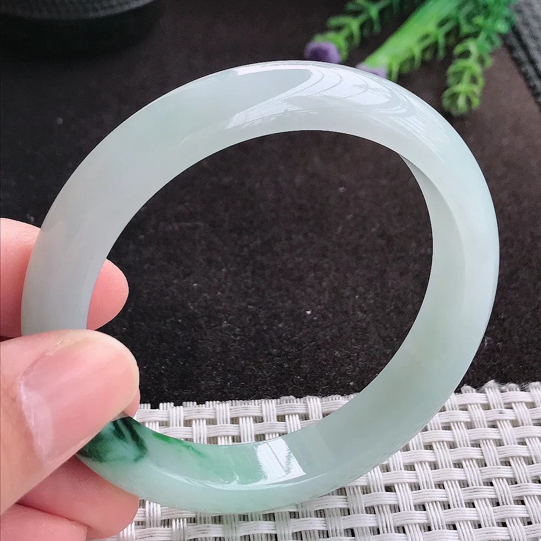 天然A货翡翠57.5/12.2/8.2老坑冰胶飘花手镯宽边玉手镯