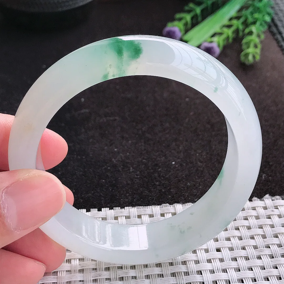 天然A货翡翠57/14.8/8.6老坑冰透果冻胶冰飘花手镯宽边玉镯