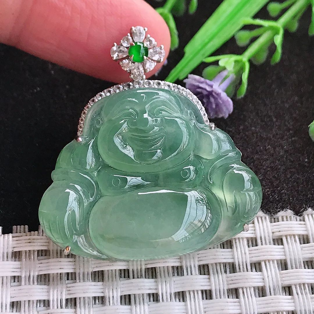 天然A货翡翠36.3/34.7/7.8老坑18k金镶嵌冰种冰晴绿佛公吊坠翡翠玉佛挂件