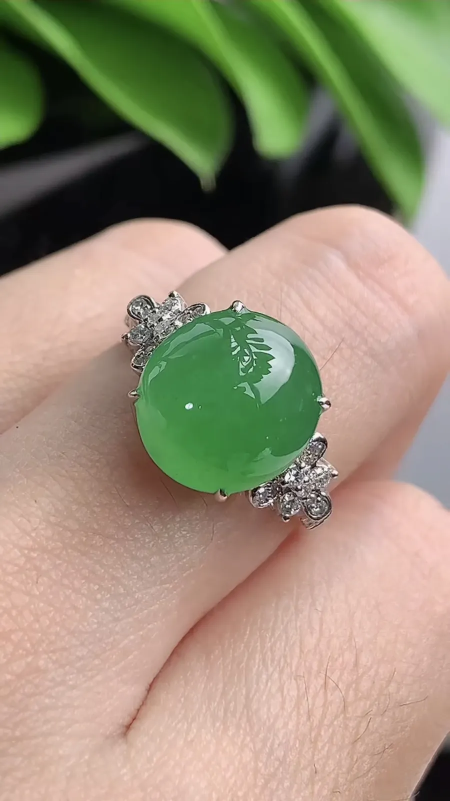 a货翡翠老坑冰种18K金伴钻镶嵌阳绿蛋面戒指 圈口17.3裸石尺寸11.5×10.6mm 重量5.00g 1203