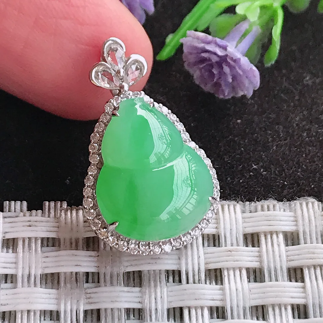 天然A货翡翠22.7/14/8.8老坑18k金镶嵌冰胶飘阳绿葫芦吊坠翡翠玉挂件