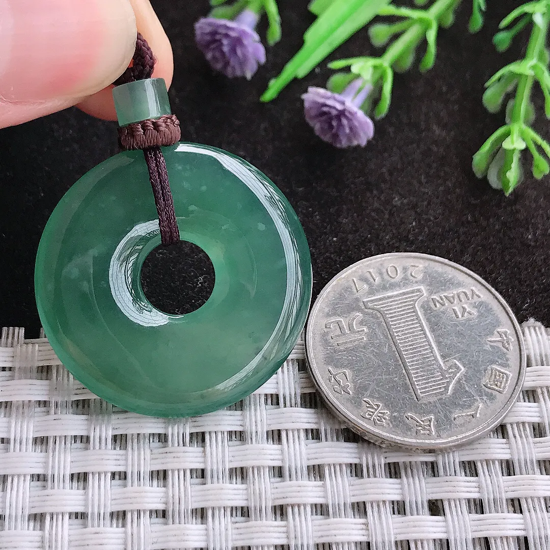 天然A货翡翠29.8/4.5老坑冰胶水灵满色蓝韵平安扣吊坠翡翠玉扣挂件