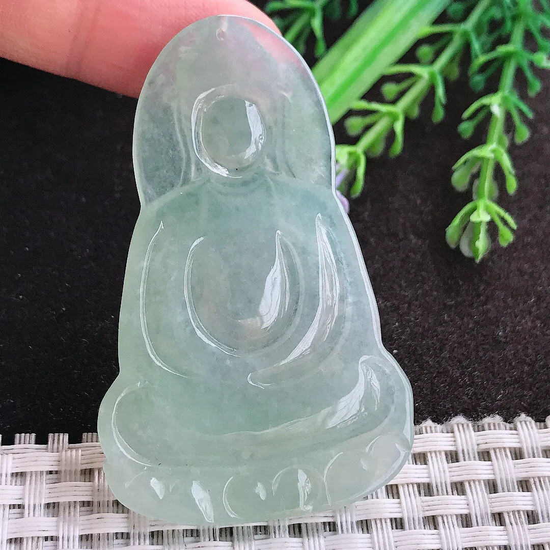 天然A货翡翠59.5/37.5/4.6老坑冰胶水灵冰晴素衣观音吊坠翡翠玉挂件