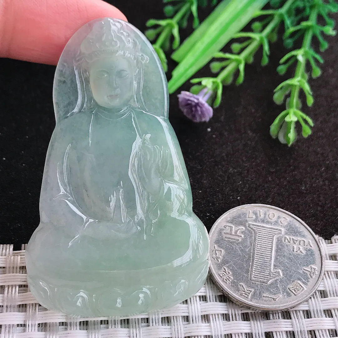 天然A货翡翠59.5/37.5/4.6老坑冰胶水灵冰晴素衣观音吊坠翡翠玉挂件