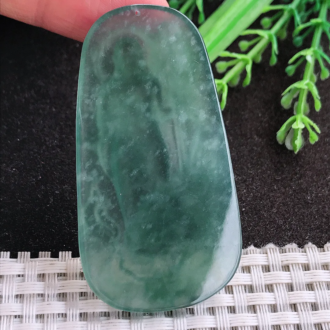 天然A货翡翠58.9/31.8/5.3老坑冰胶水灵蓝韵地藏王菩萨吊坠翡翠玉挂件