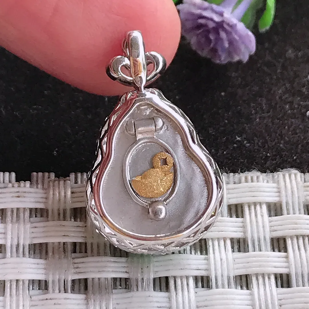 天然A货翡翠22.7/14/8.8老坑18k金镶嵌冰胶飘阳绿葫芦吊坠翡翠玉挂件